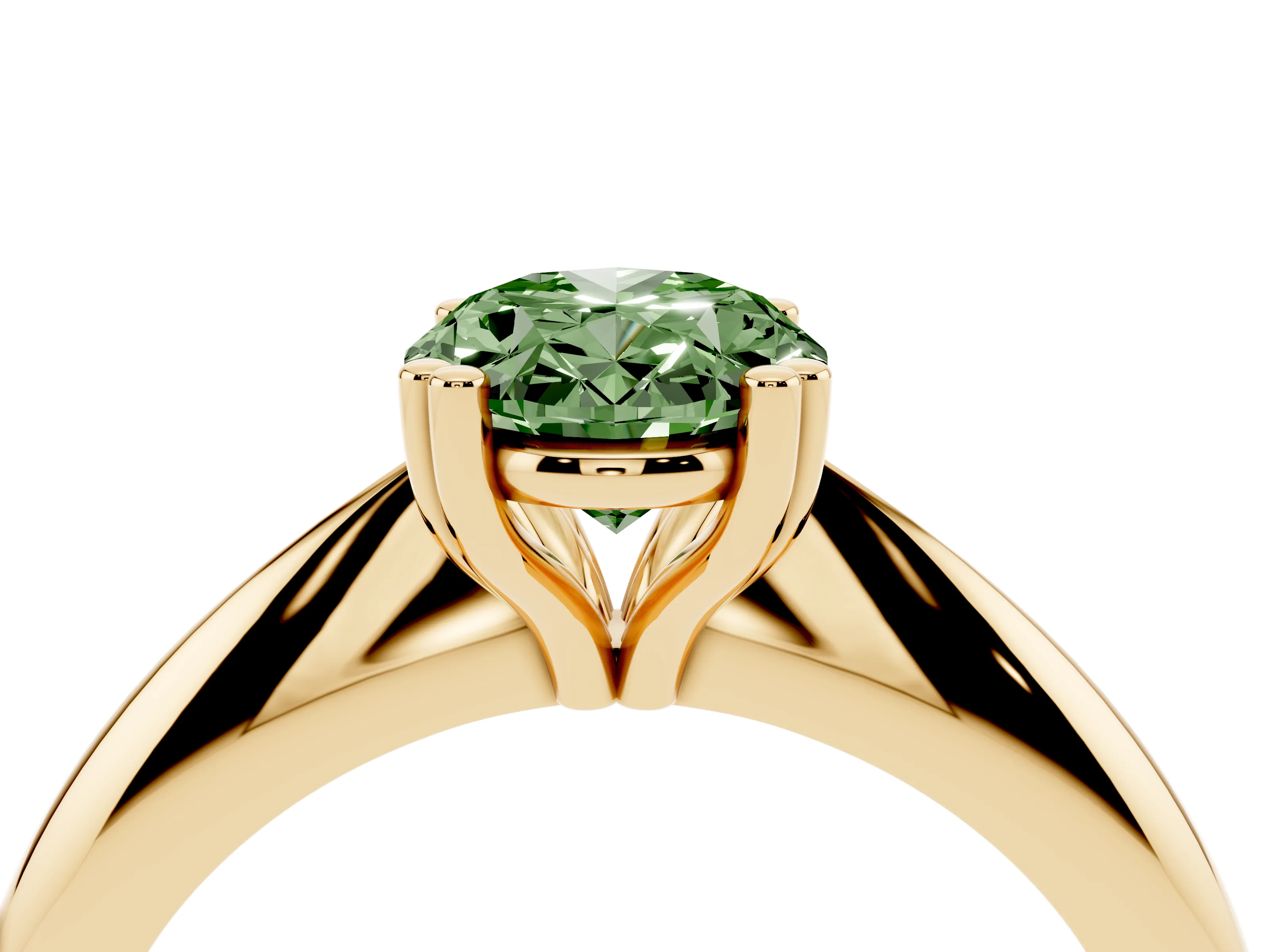 Fancy Green Oval Cut Diamond Solitaire Engagement Ring Set in Yellow gold with Tapered Band and Prong Setting