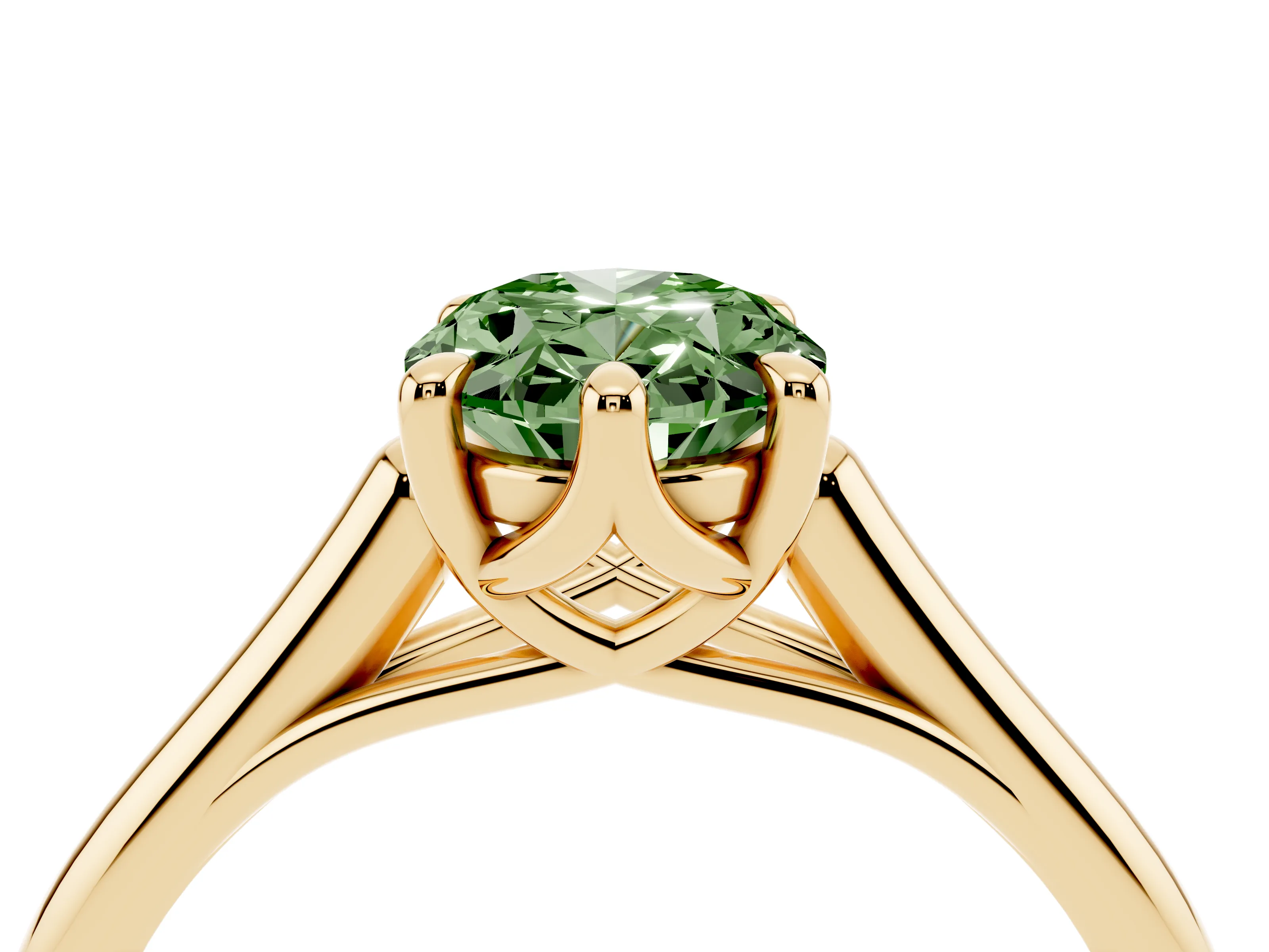 Fancy Green Oval Cut Diamond Solitaire Engagement Ring Set in Yellow gold with Prong Setting and Plain Classic Band