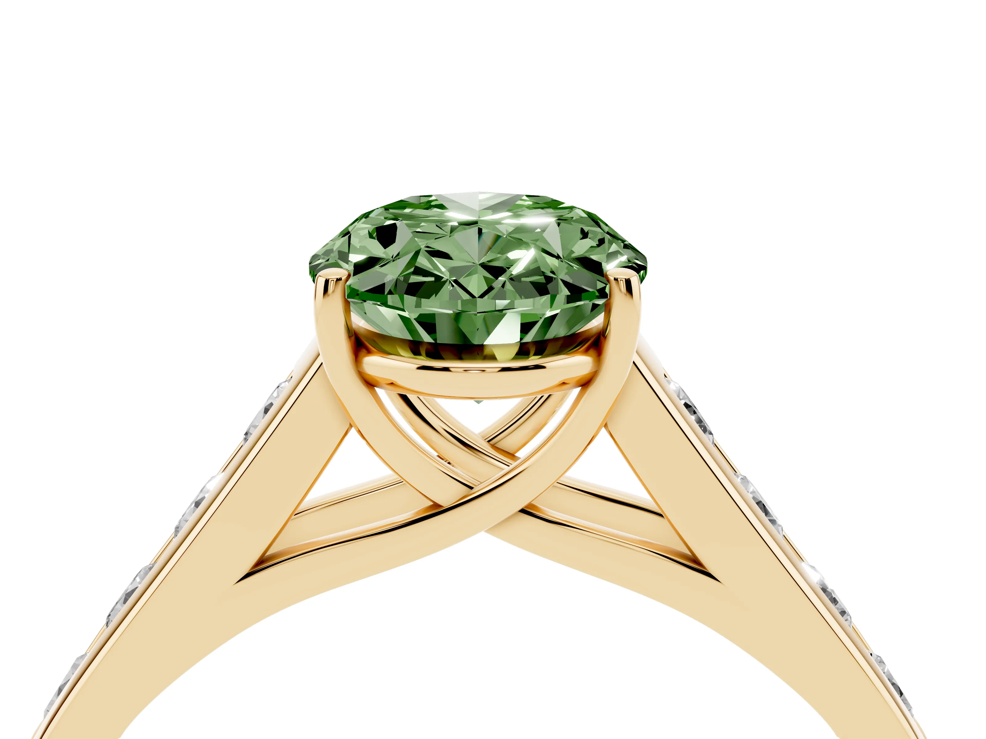 Fancy Green Oval Cut Diamond Solitaire Channel-Set Engagement Ring Set in Yellow gold with Prong Setting