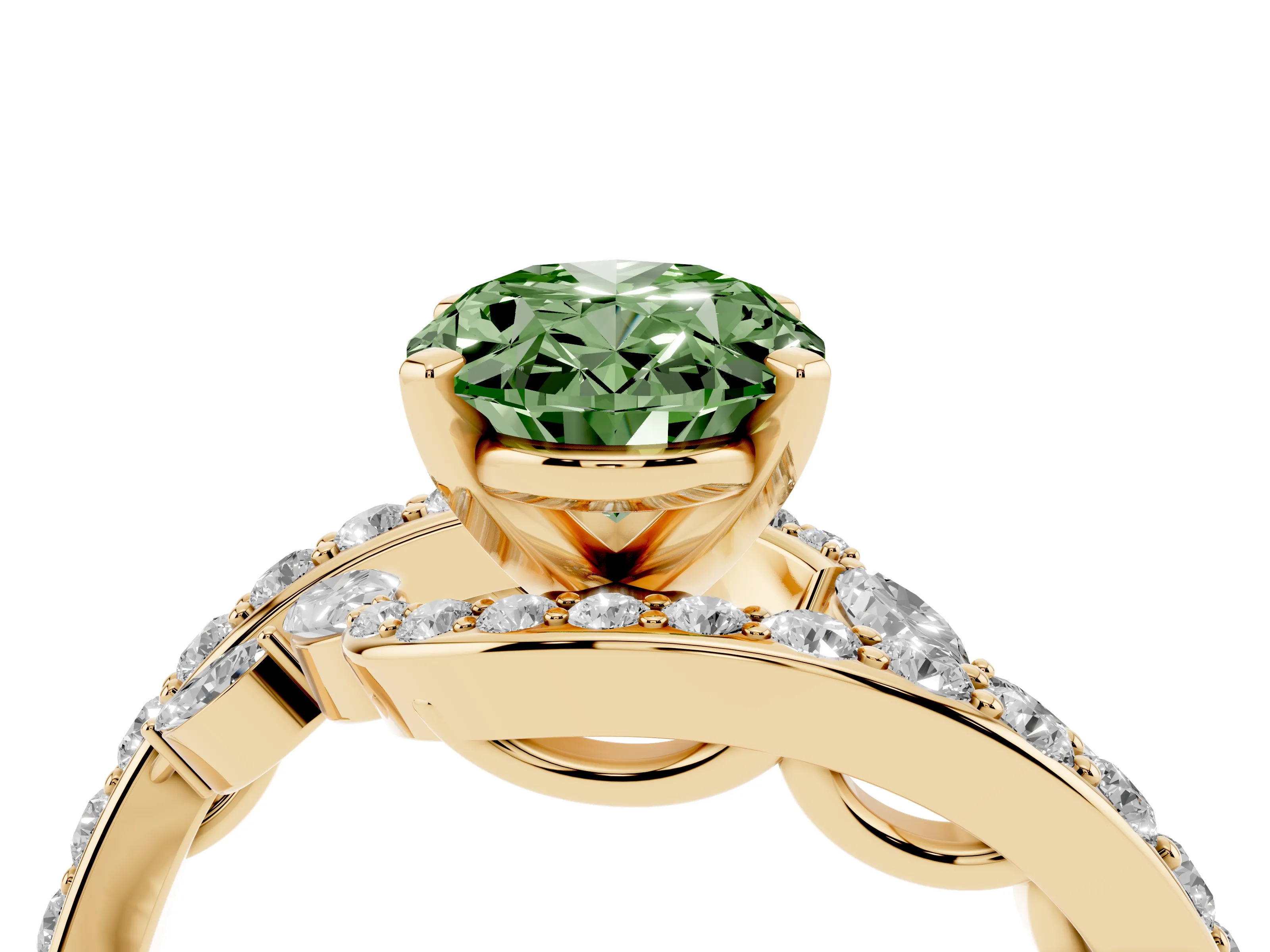 Fancy Green Oval Cut Diamond Solitaire Ring Set in Yellow gold with Pavé Twist Band and Secure Prong Setting