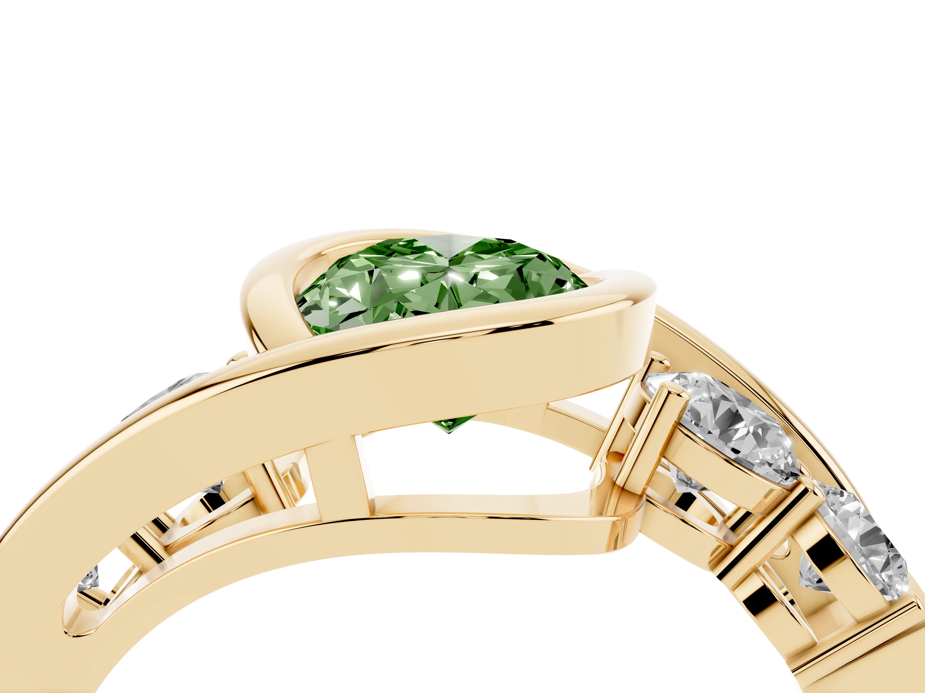 Fancy Green Oval Cut Diamond Bezel Bypass Ring Set in Yellow gold with Round Accents