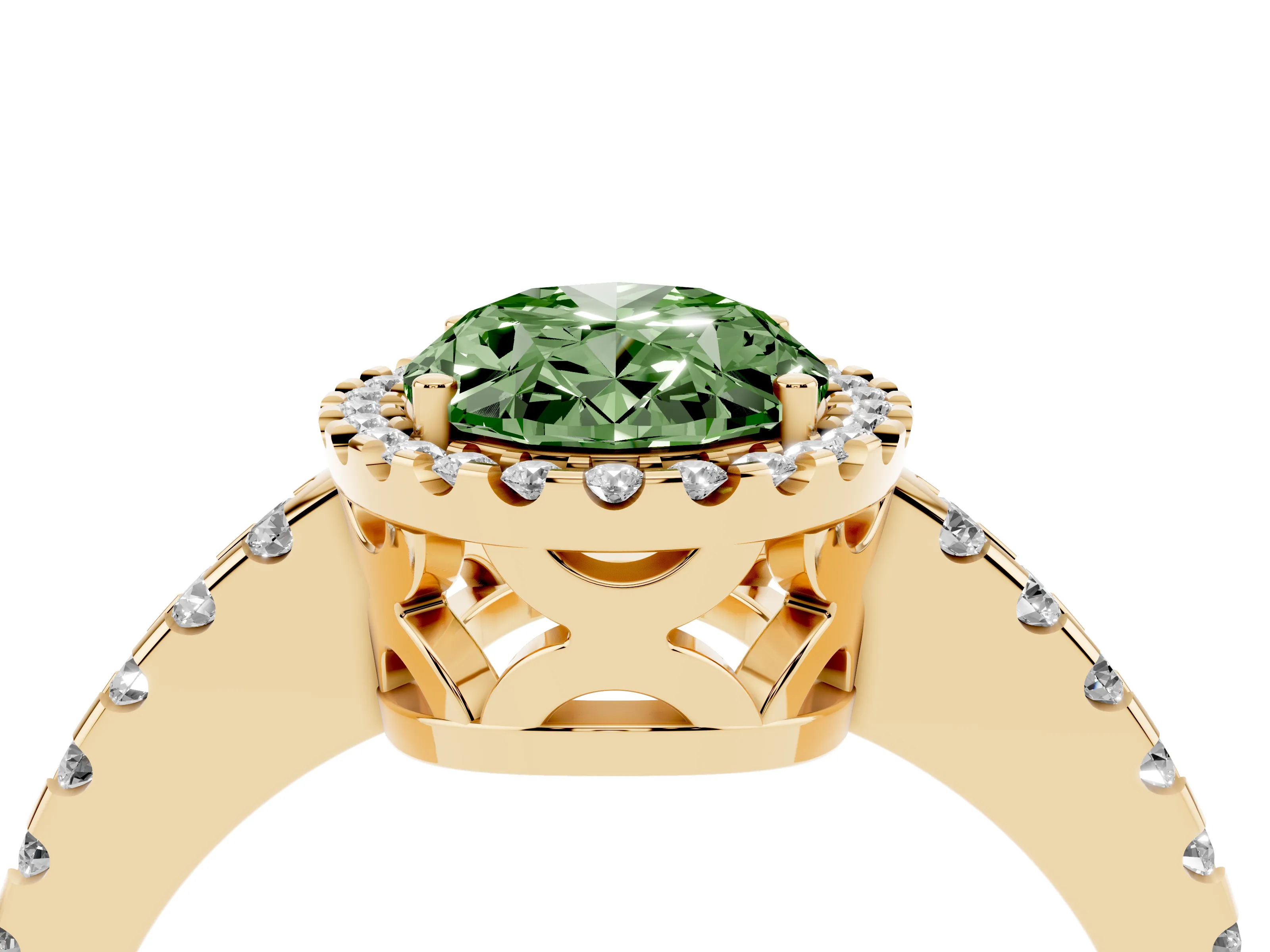 Fancy Green Oval Cut Diamond Halo Ring Set in Yellow gold with Pavé Shoulders and Halo-Framed Center