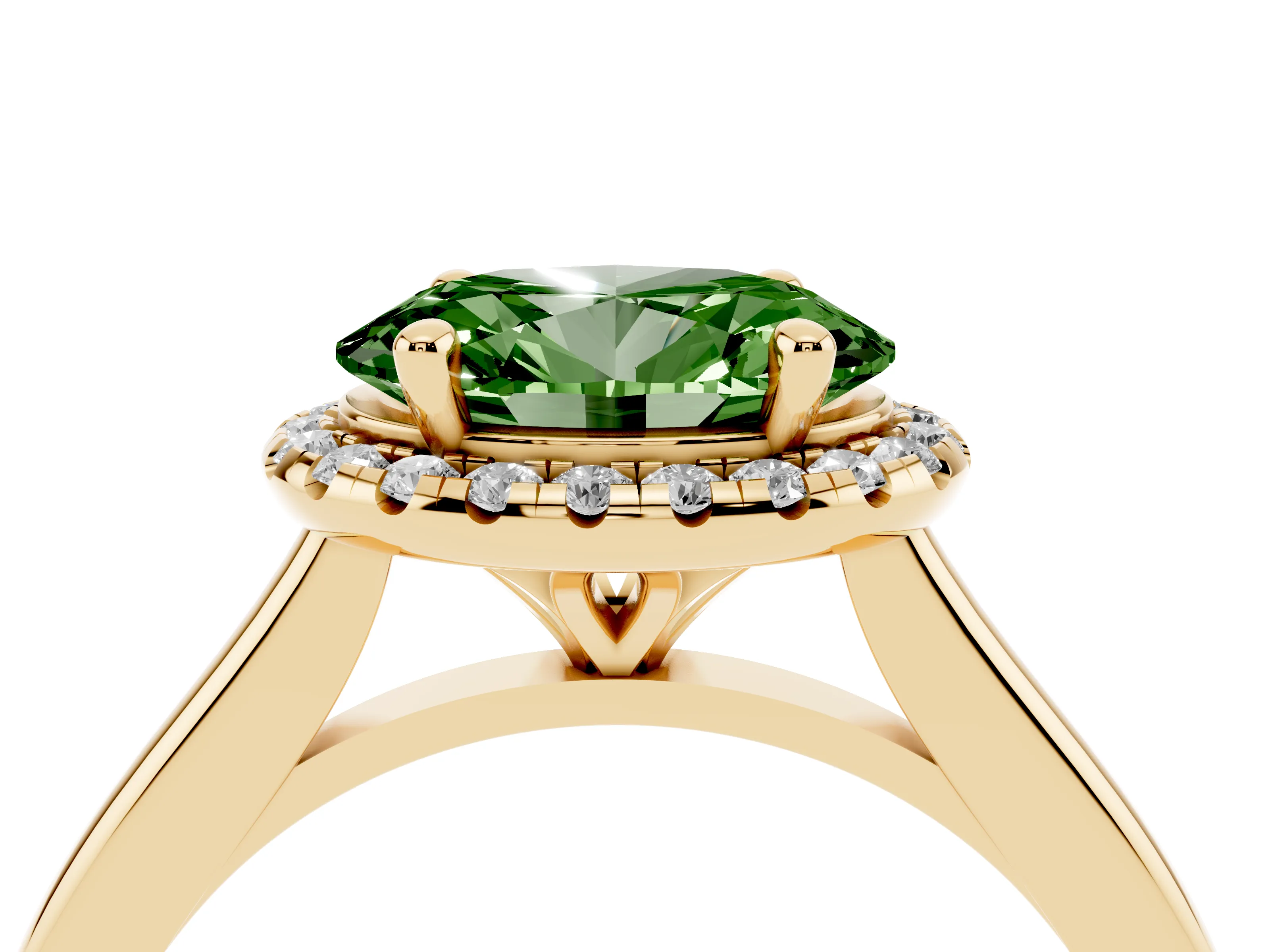 Fancy Green Oval Cut Diamond Halo Engagement Ring Set in Yellow gold with Pavé Band and Rising Shoulders