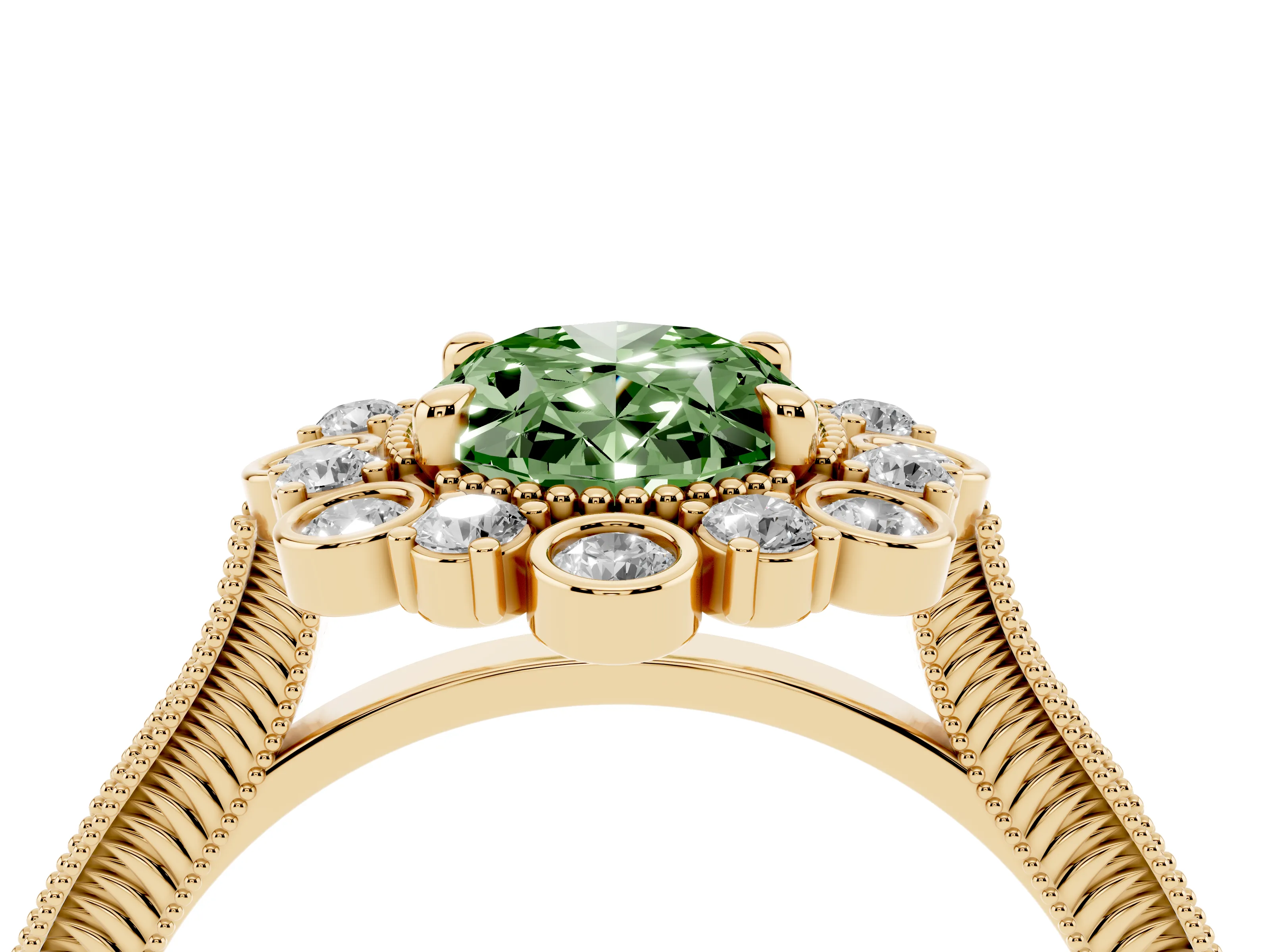 Fancy Green Oval Cut Diamond Halo Milgrain Pavé Ring Set in Yellow gold with Prong Setting