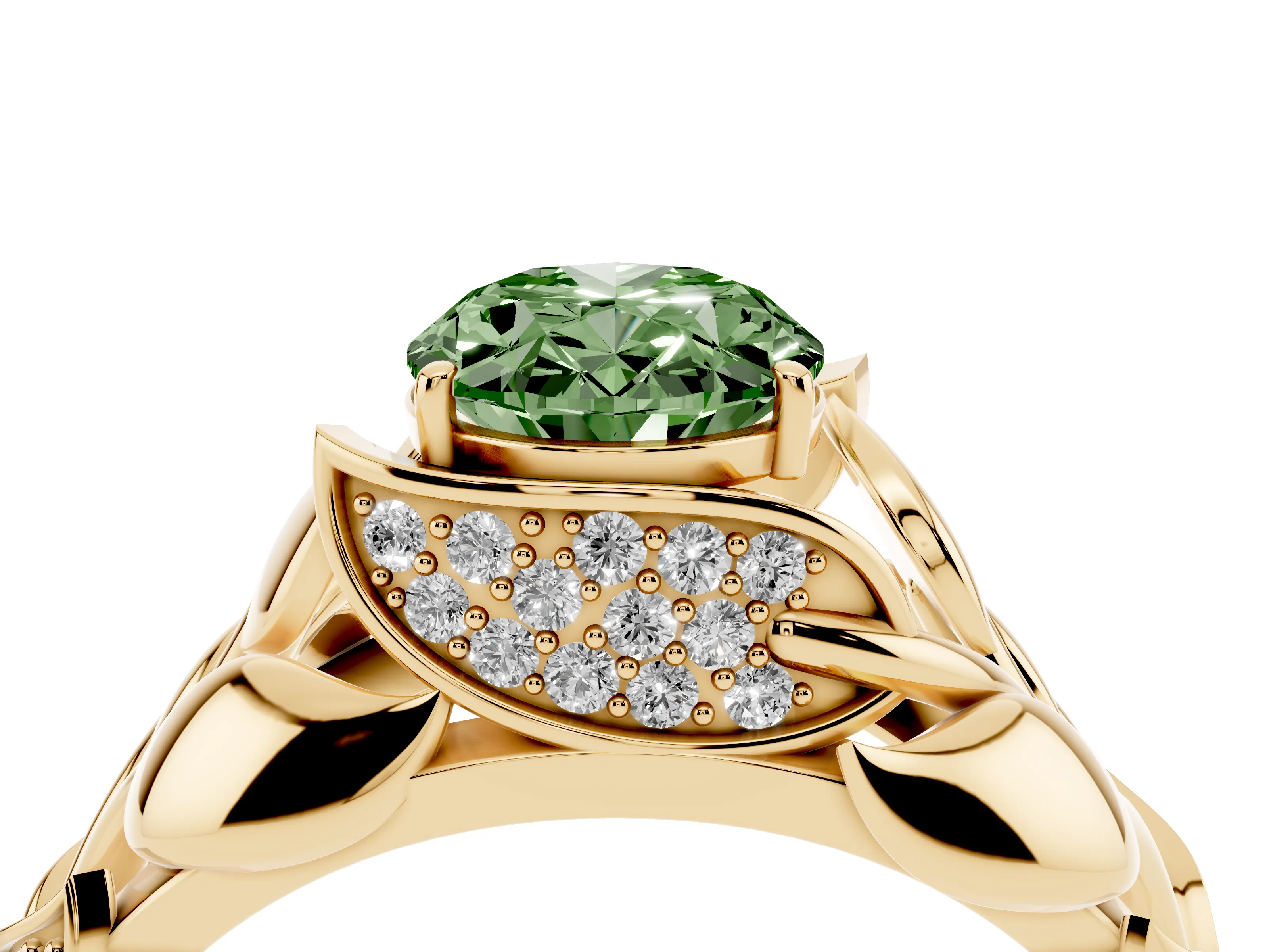 Fancy Green Oval Cut Diamond Leaf-Inspired Engagement Ring Set in Yellow gold with Round Accents