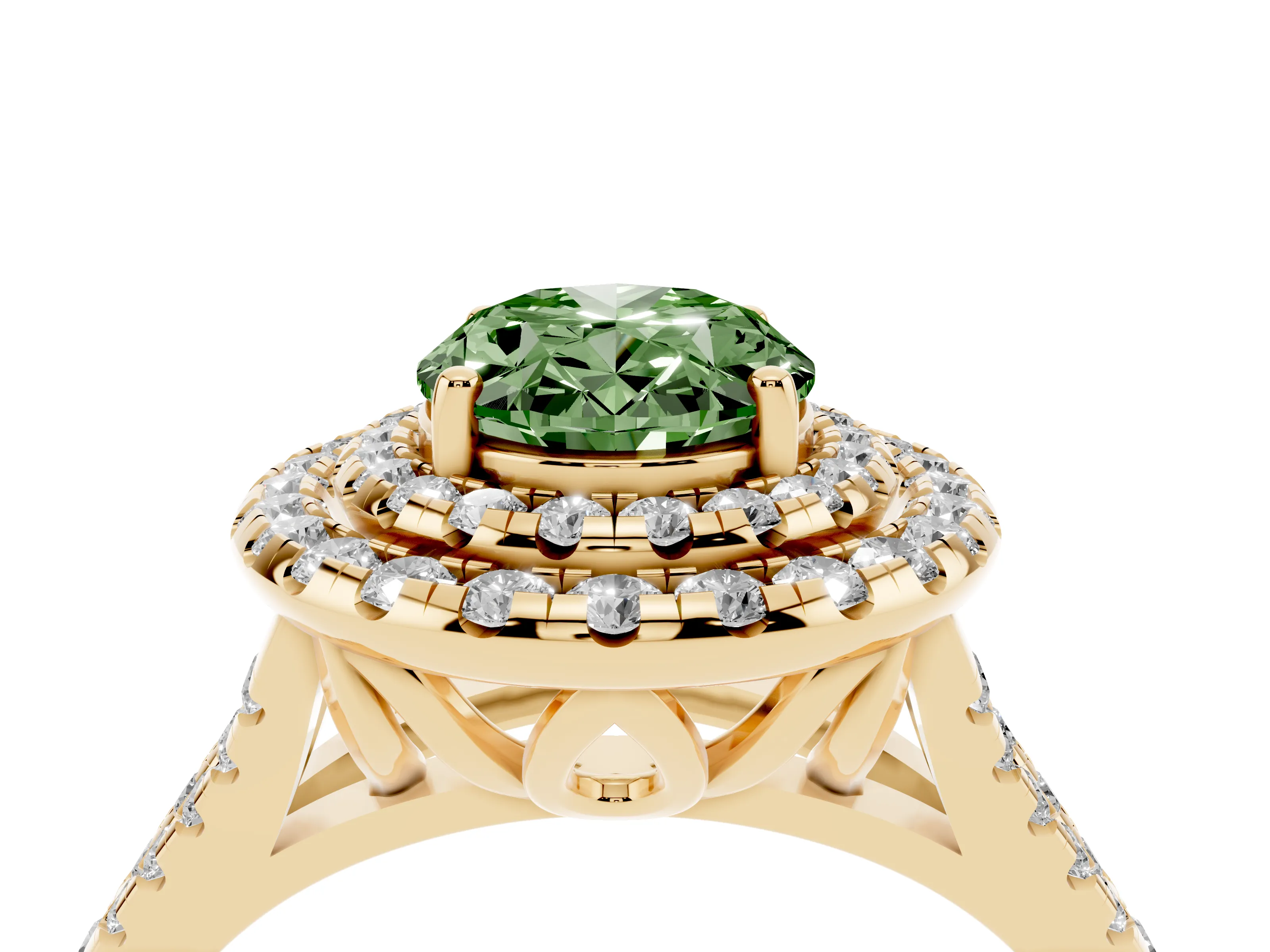 Fancy Green Oval Cut Diamond Double Halo Ring Set in Yellow gold with Pavé Split Shank and Prong Setting