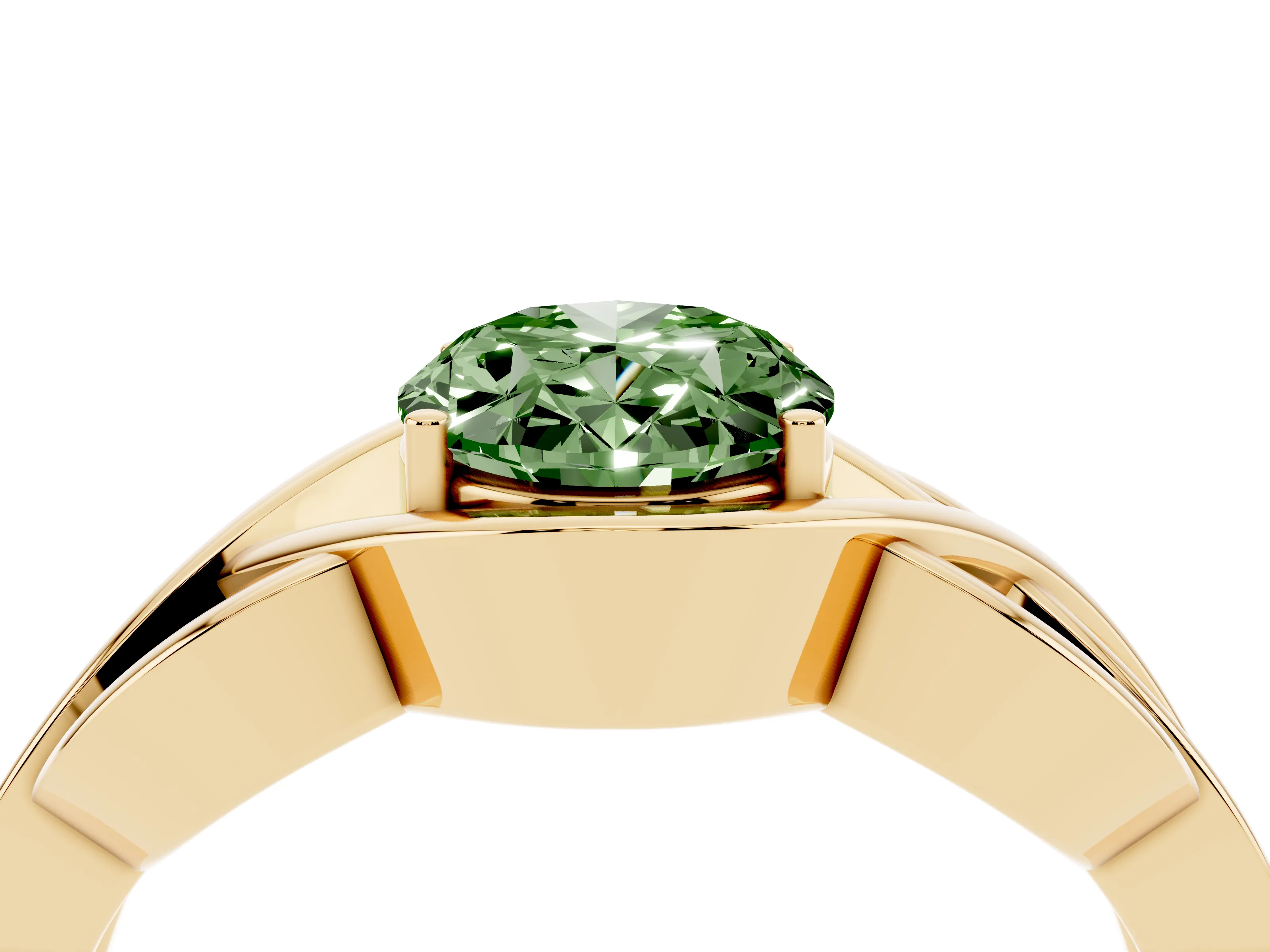 Fancy Green Oval Cut Diamond Solitaire Ring Set in Yellow gold with Intertwined Band
