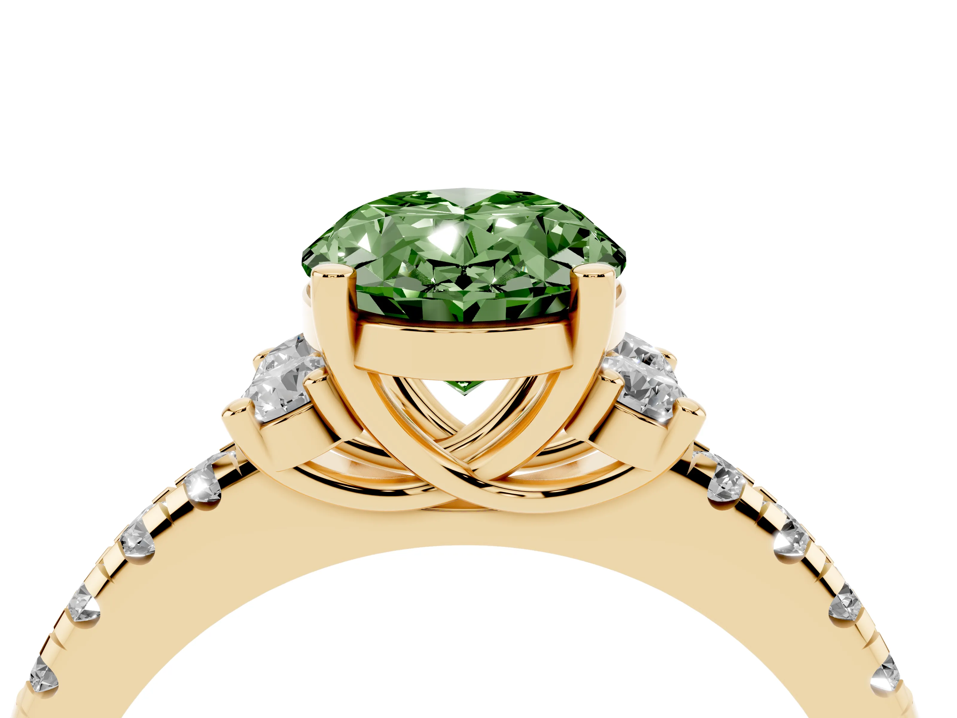 Fancy Green Oval Cut Diamond Three-Stone Pavé Ring Set in Yellow gold with Prong Setting