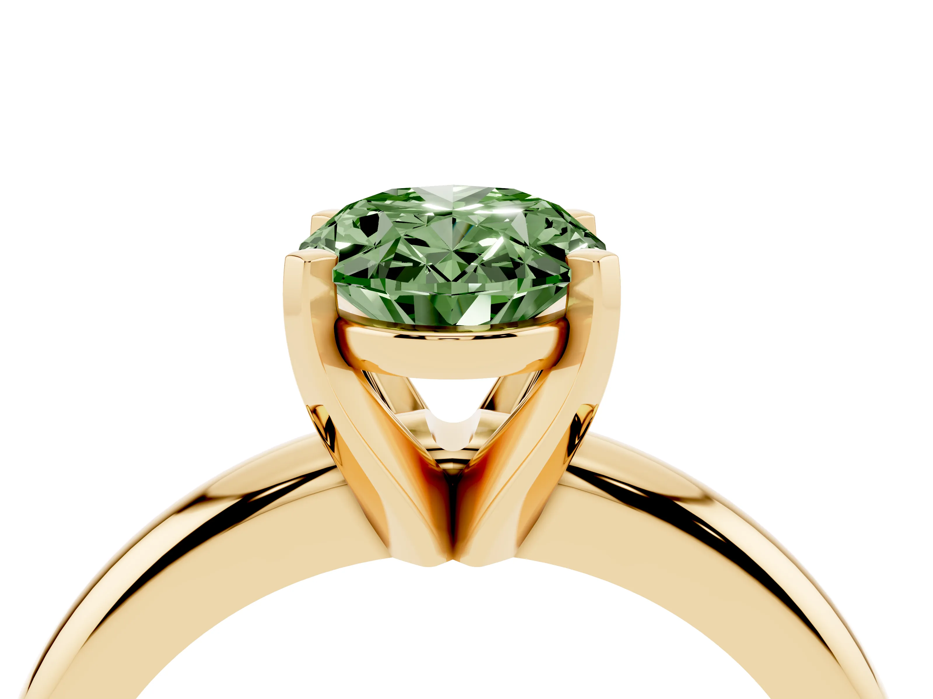 Fancy Green Oval Cut Diamond Solitaire Engagement Ring Set in Yellow gold with Round Band and Prong Setting