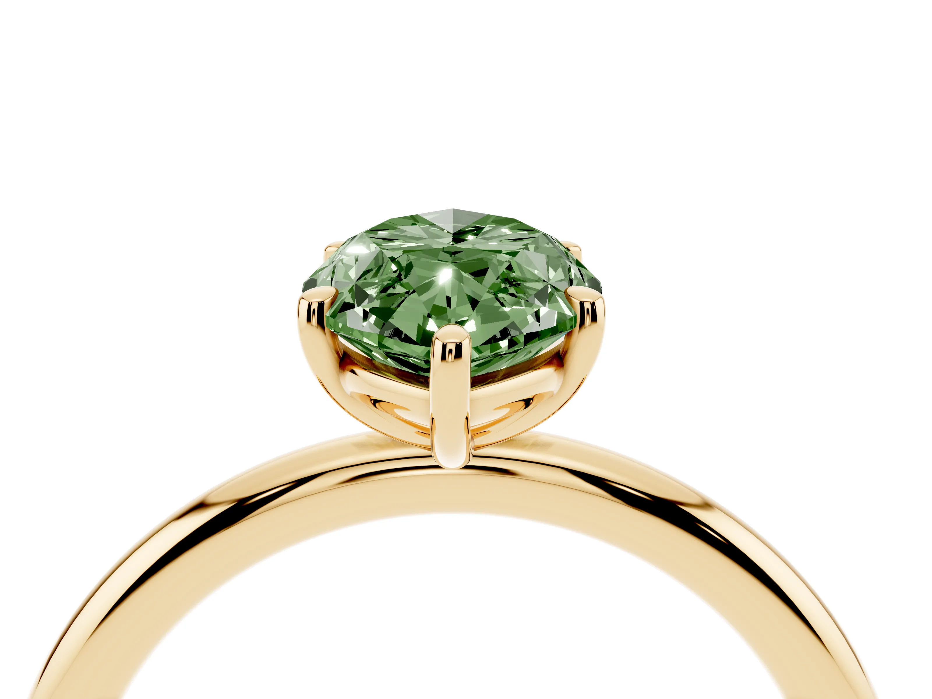Fancy Green Oval Cut Diamond Solitaire Ring Set in Yellow gold with Prong Setting on a Polished Plain Band