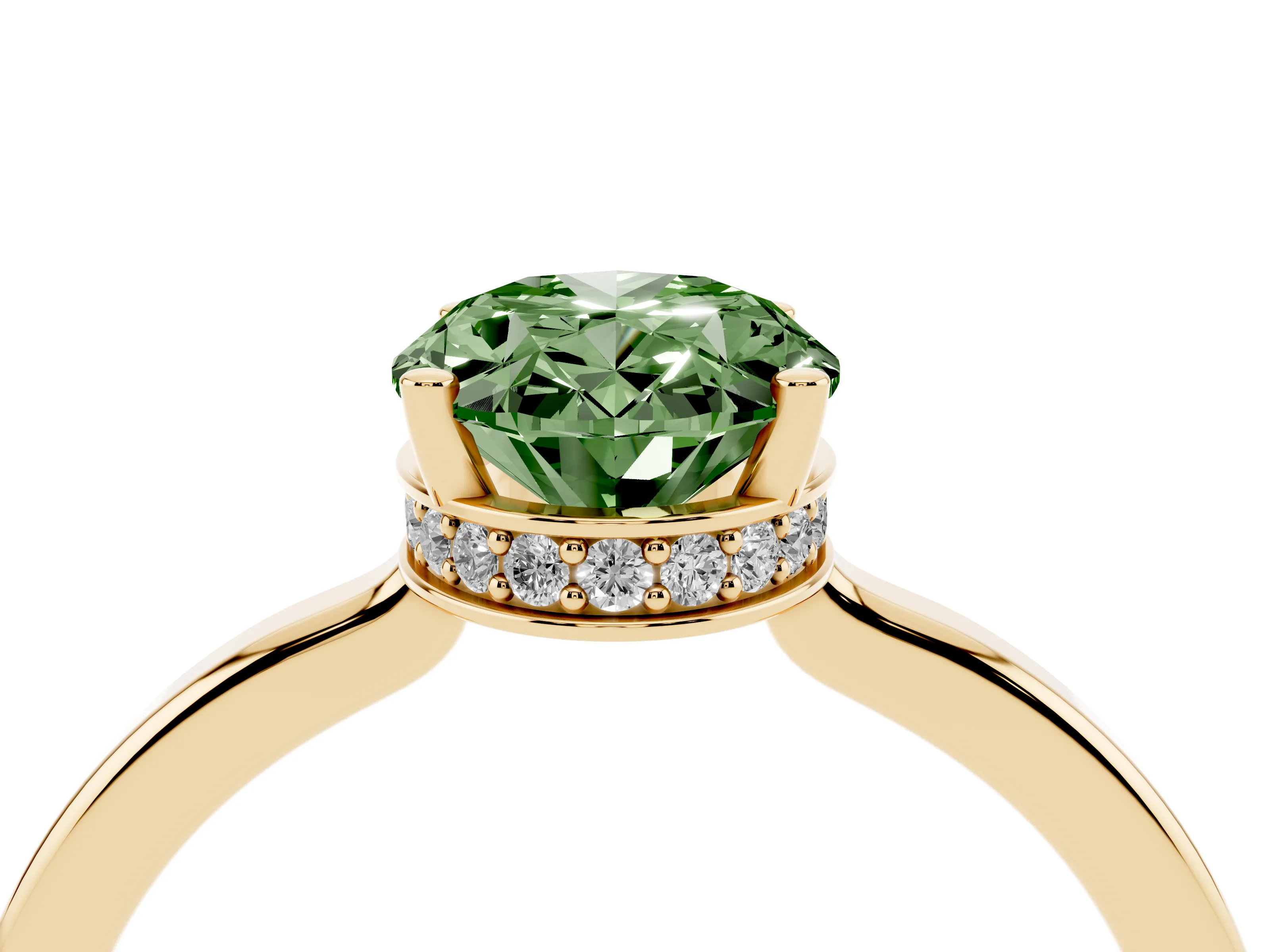 Fancy Green Oval Cut Diamond Solitaire Engagement Ring Set in Yellow gold with Prong Setting on a Plain Band