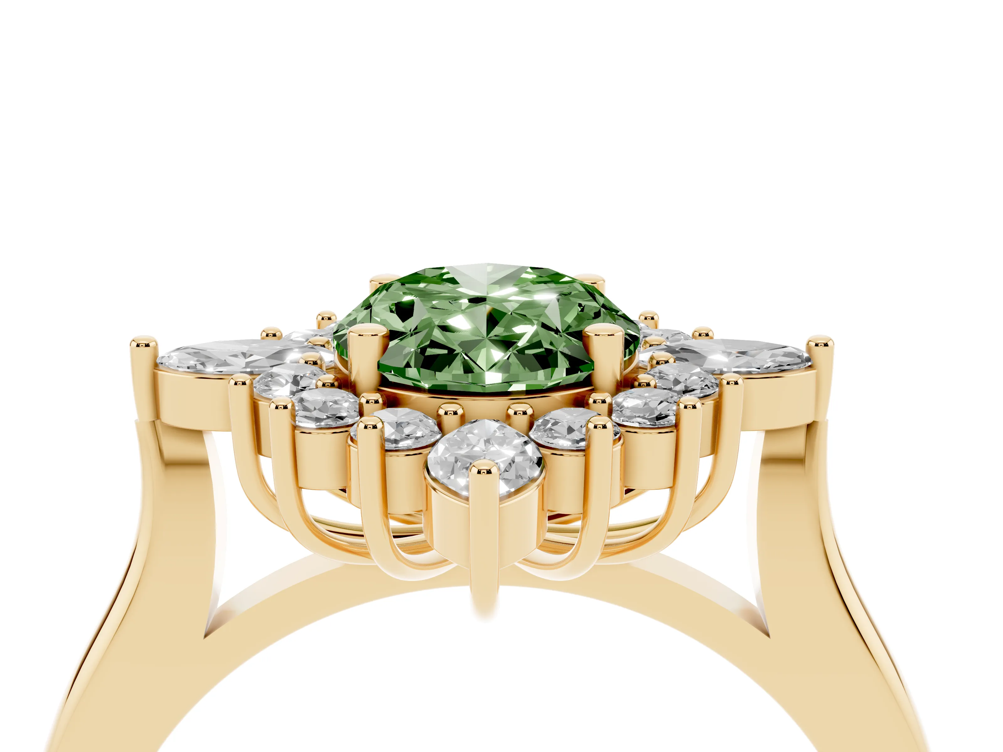 Fancy Green Oval Cut Diamond Cluster Halo Ring Set in Yellow gold with Marquise and Round Accents