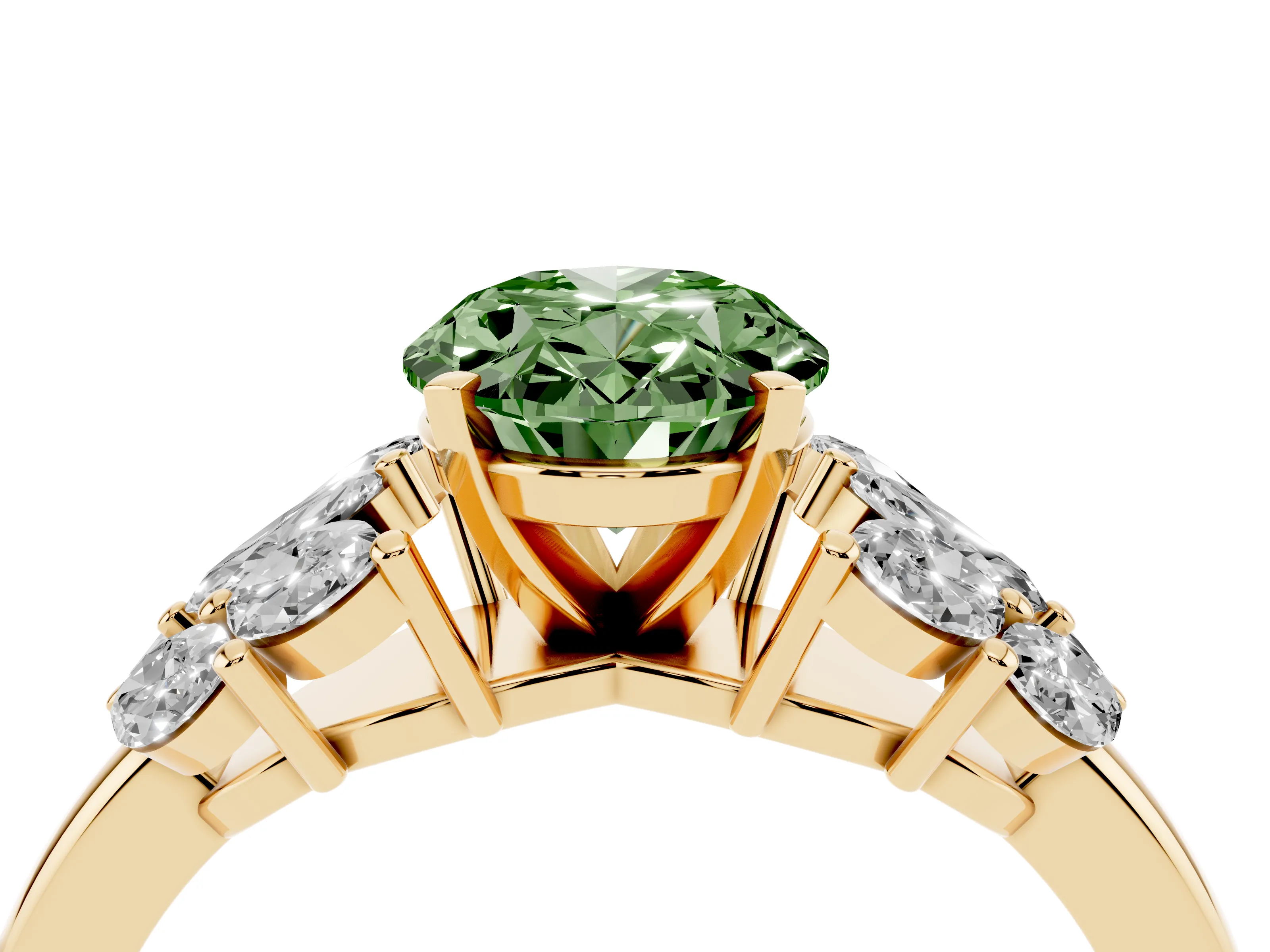 Fancy Green Oval Cut Diamond Cluster Leaf Design Ring Set in Yellow gold with Prong Setting