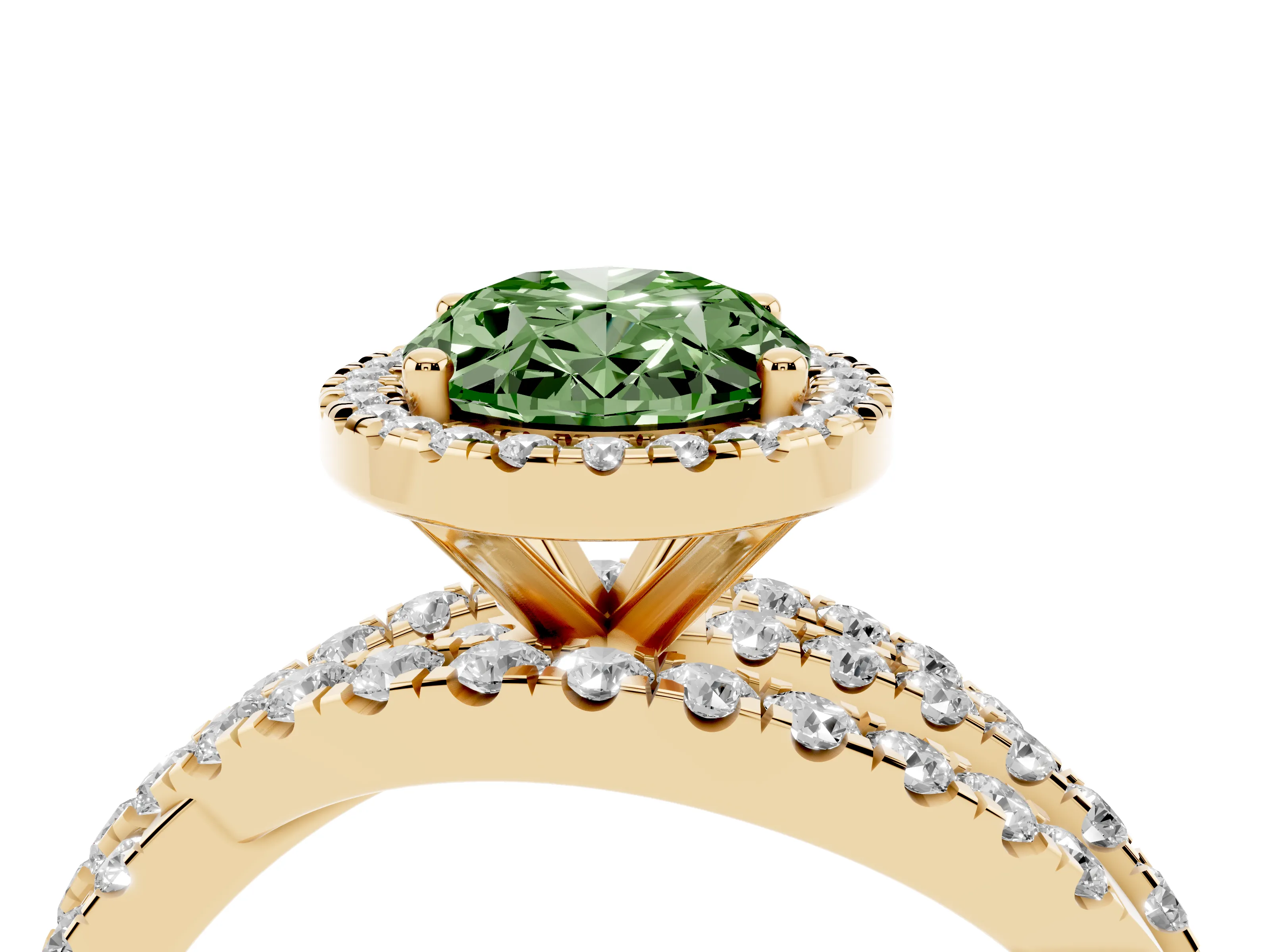 Fancy Green Oval Cut Diamond Halo Ring Set in Yellow gold with Round Crossover Split Shank and Prong Setting