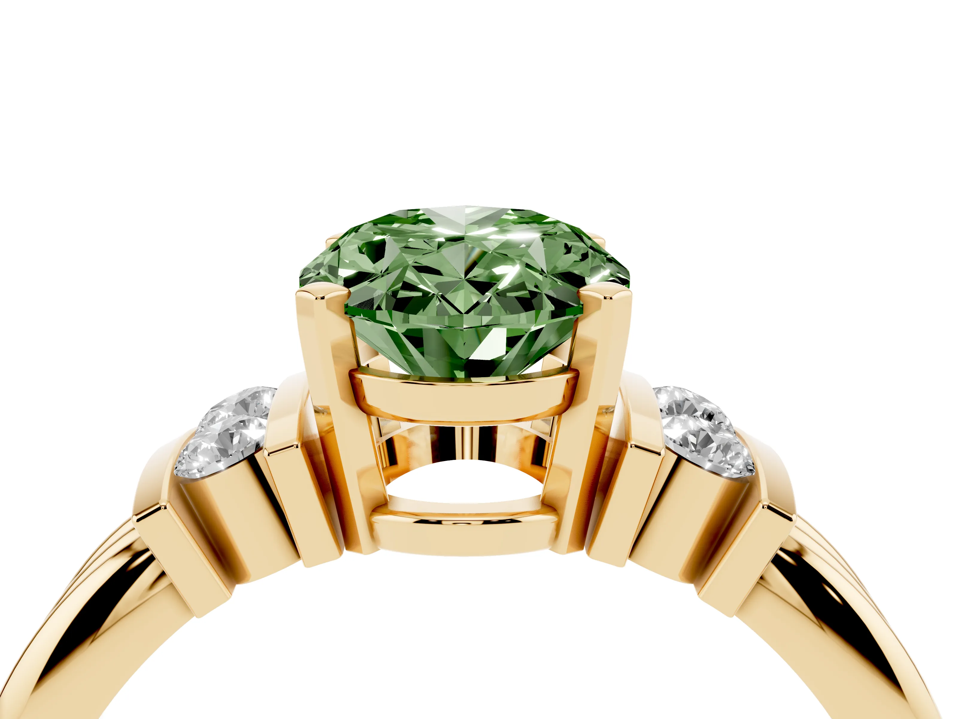 Fancy Green Three-Stone Oval Cut Diamond Channel Set Ring Set in Yellow gold with Bar Prongs
