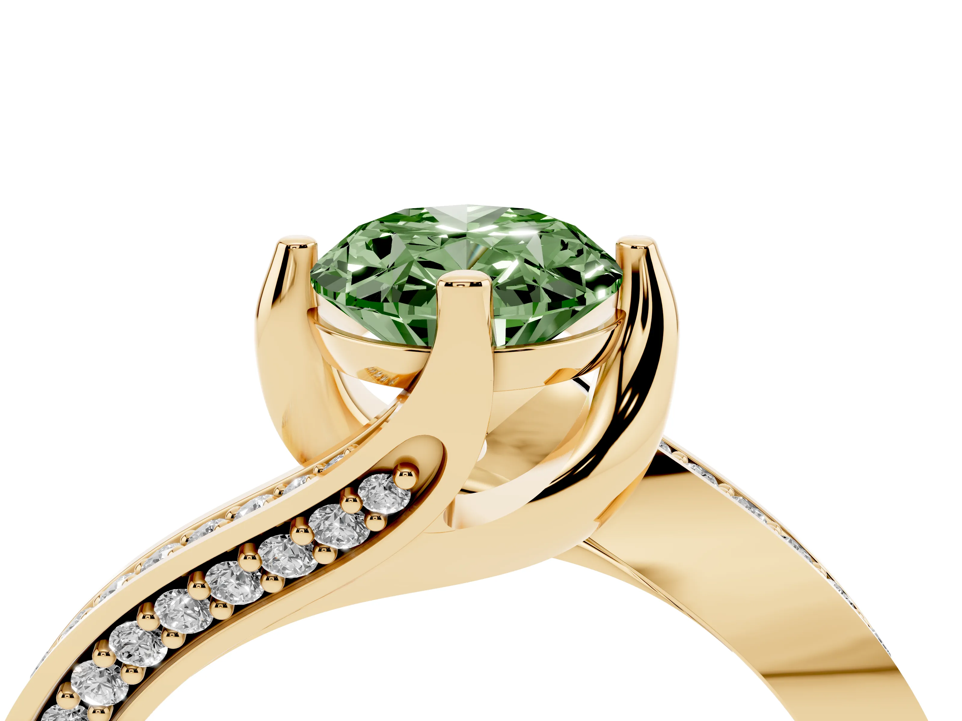 Fancy Green Oval Cut Diamond Solitaire Ring Set in Yellow gold with Intertwined Pavé Twist Band