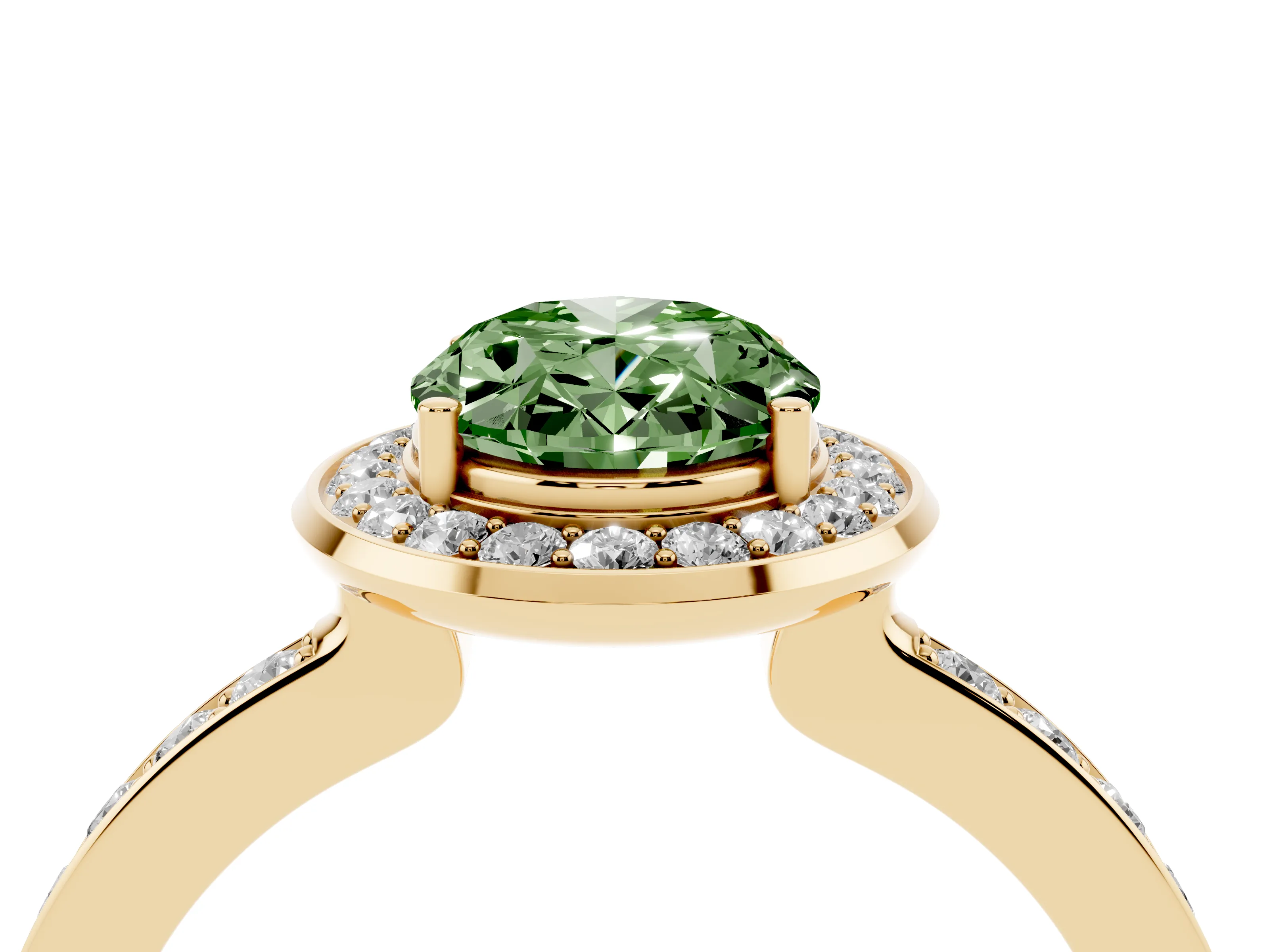 Fancy Green Oval Cut Diamond Halo Ring Set in Yellow gold with Bezel Frame and Pavé Band