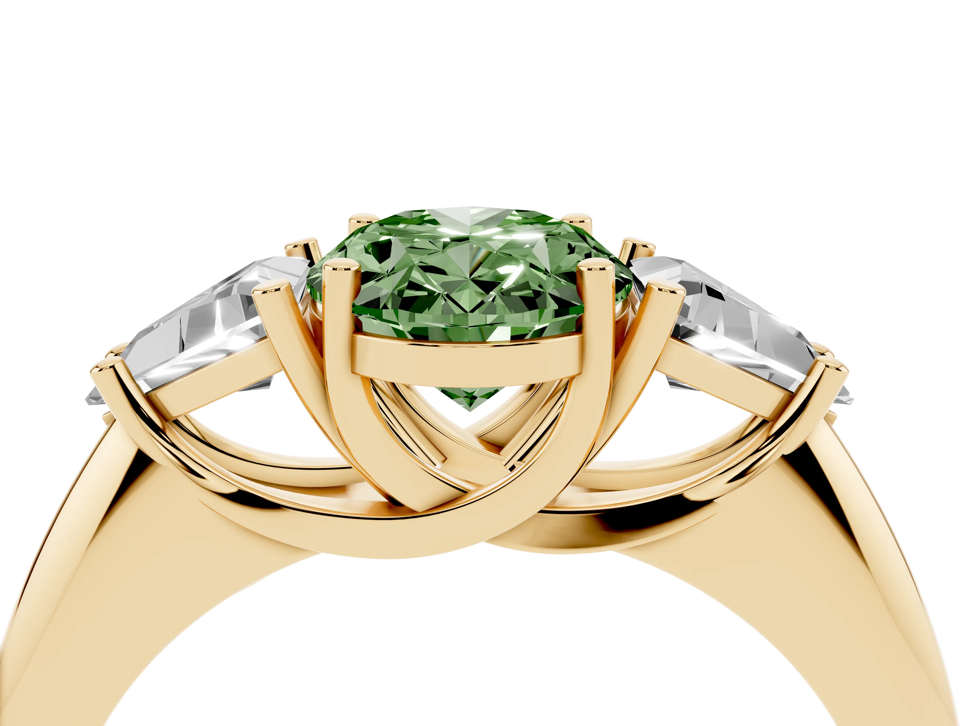 Fancy Green Oval Cut Diamond Three-Stone Engagement Ring Set in Yellow gold with Trillion Side Stones