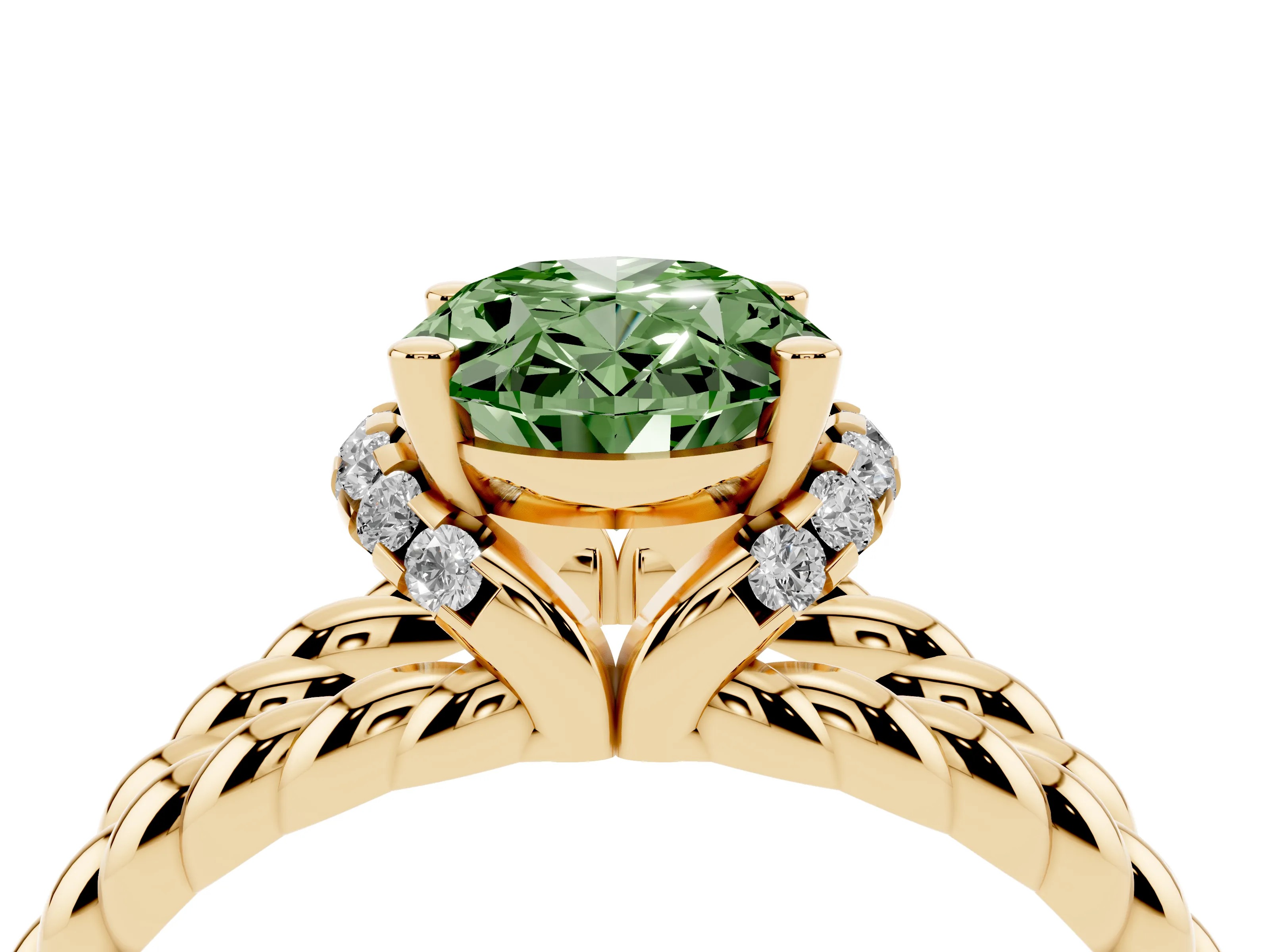 Fancy Green Oval Cut Diamond Halo Ring Set in Yellow gold with Twisted Band and Prong Setting