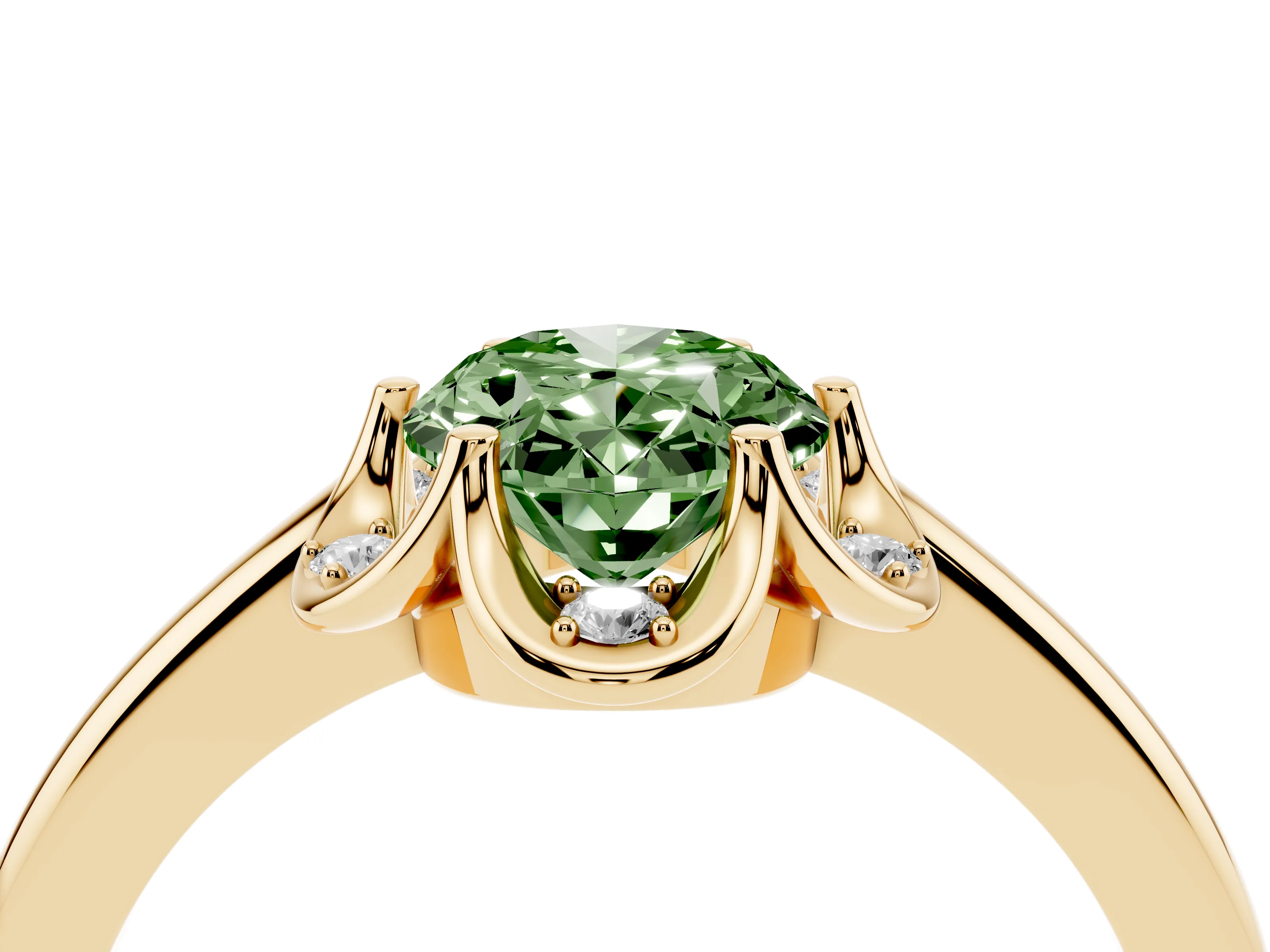 Fancy Green Oval Cut Diamond Round Cluster Halo Ring Set in Yellow gold with Solitaire Band and Prong Setting