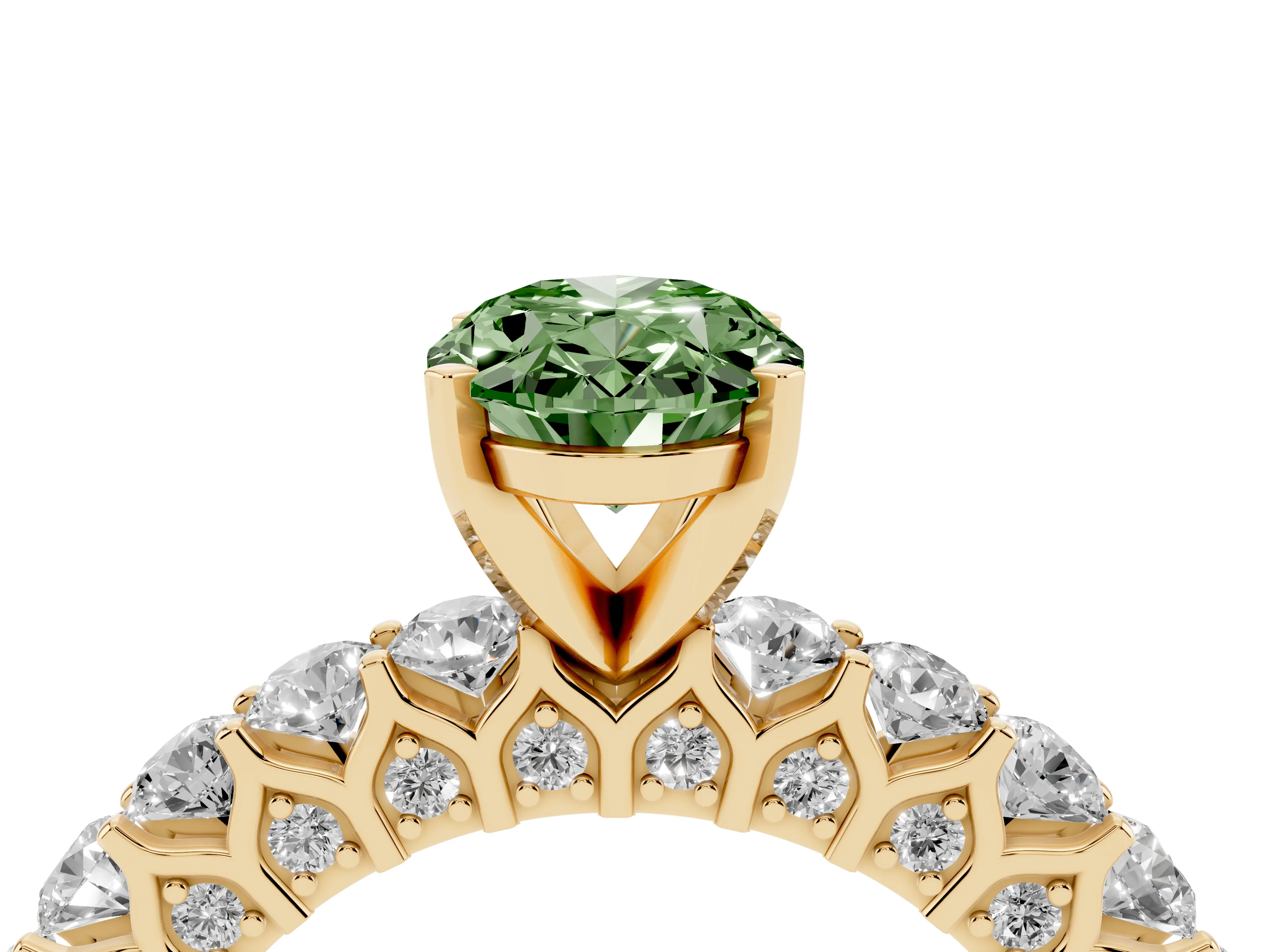 Fancy Green Oval Cut Diamond Solitaire Ring Set in Yellow gold with Shared Prong Pavé Band