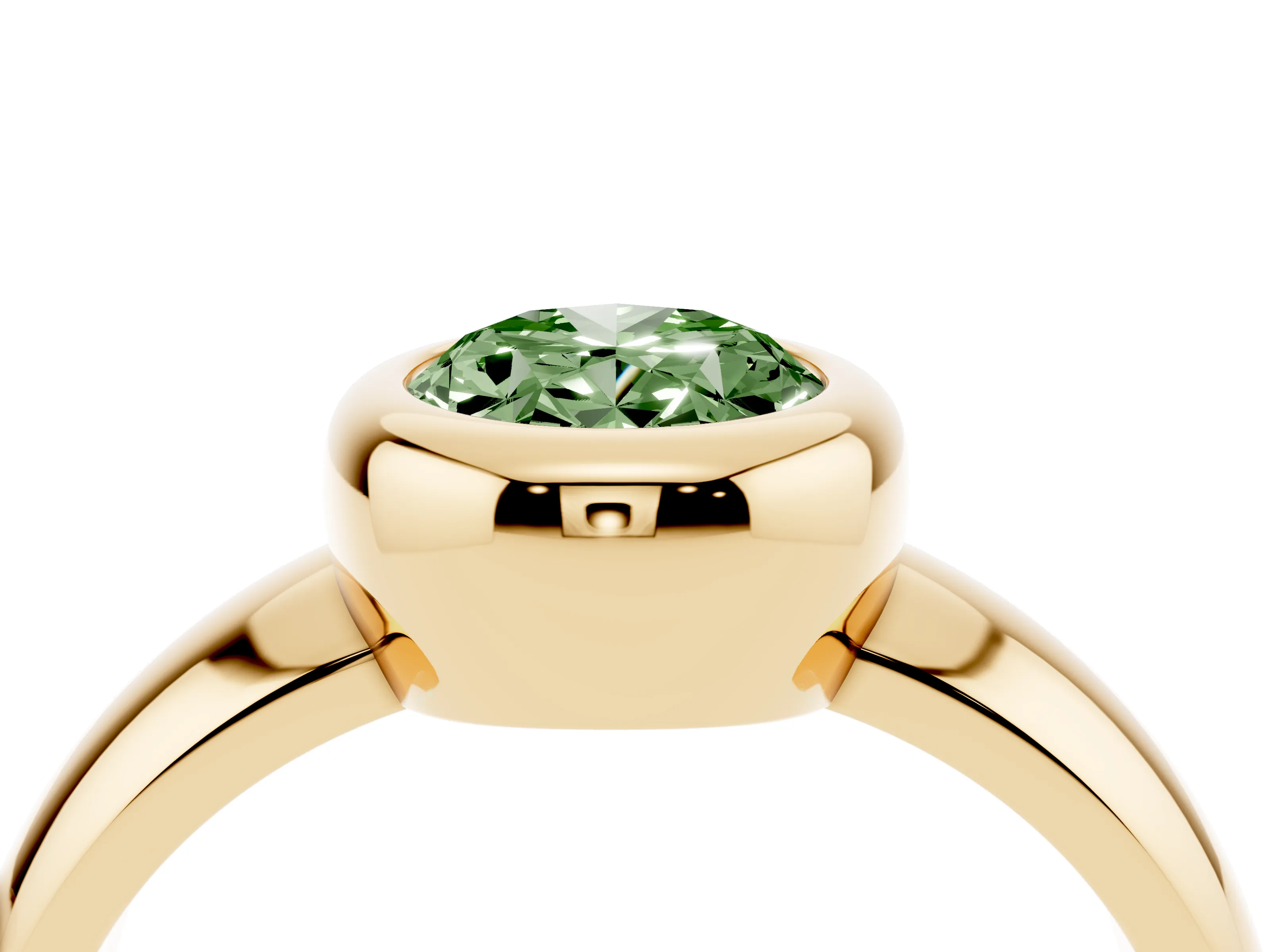 Fancy Green Bezel Set Oval Cut Diamond Solitaire Ring Set in Yellow gold with Wide Band