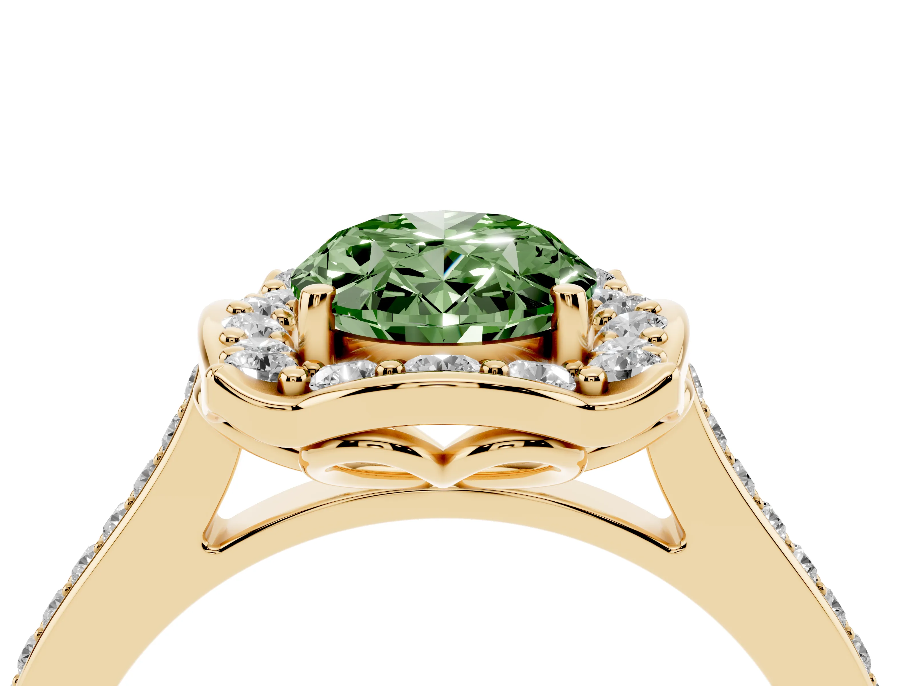 Fancy Green Oval Cut Diamond Halo Ring Set in Yellow gold with Pavé-Lined Shoulders and Prong Setting