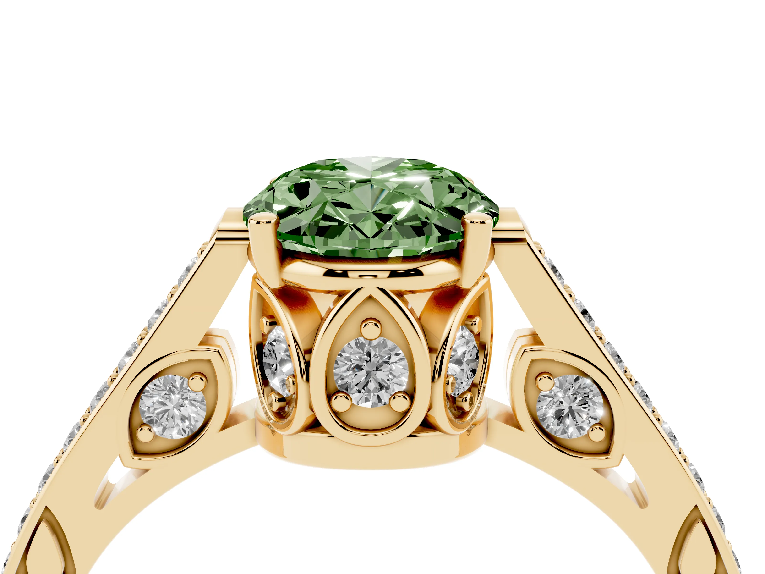 Fancy Green Oval Cut Diamond Cathedral Pavé Engagement Ring Set in Yellow gold with Prong Setting