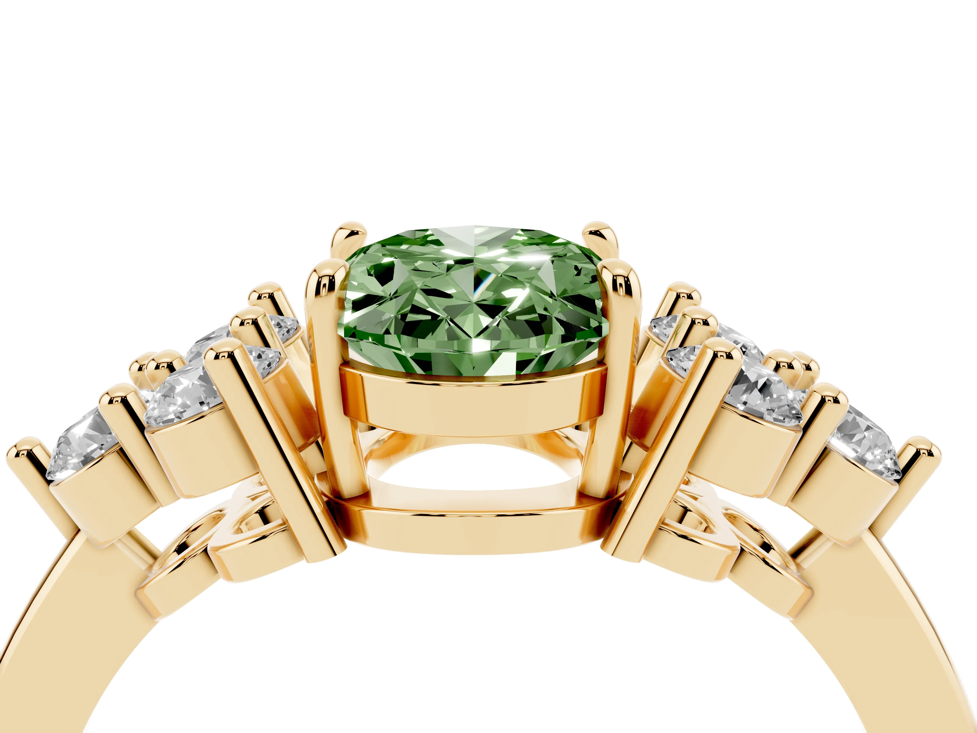 Fancy Green Oval Cut Diamond Solitaire Ring Set in Yellow gold with Cluster Accents on Each Side