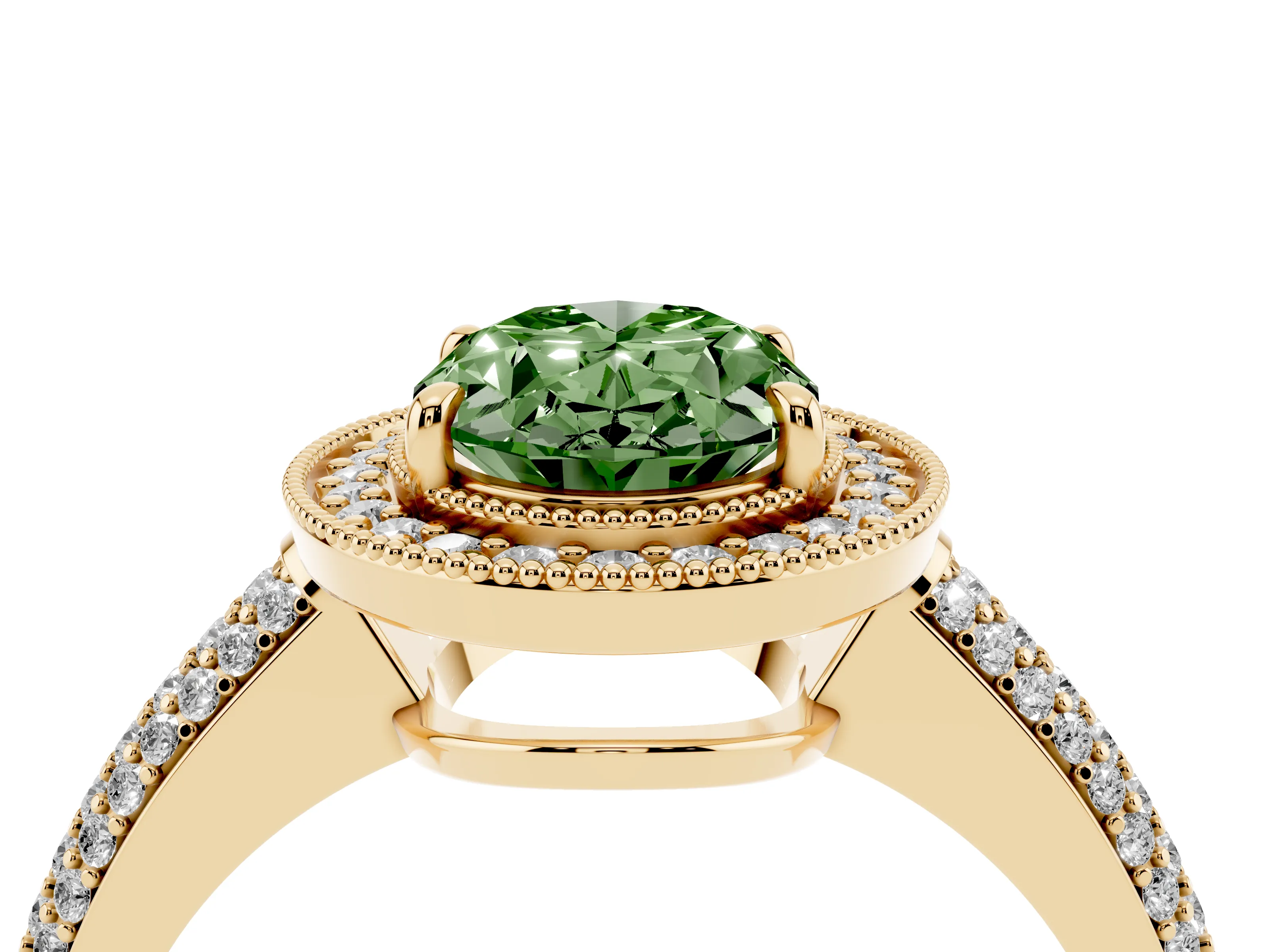 Fancy Green Oval Cut Diamond Halo Pavé Band Set in Yellow gold with Prong Setting