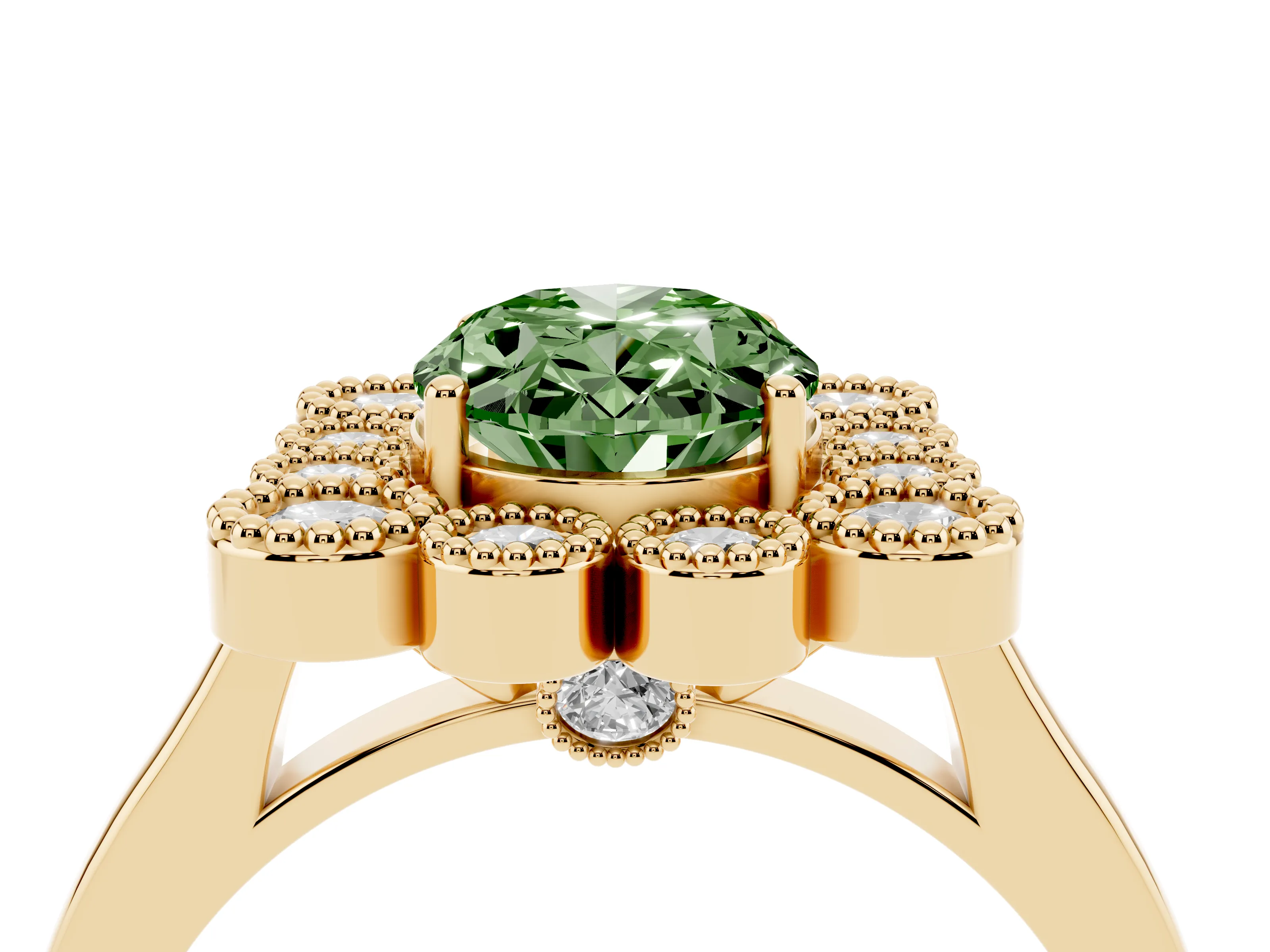 Fancy Green Oval Cut Diamond Cluster Halo Ring Set in Yellow gold with Milgrain Bezel Accents and Plain Band