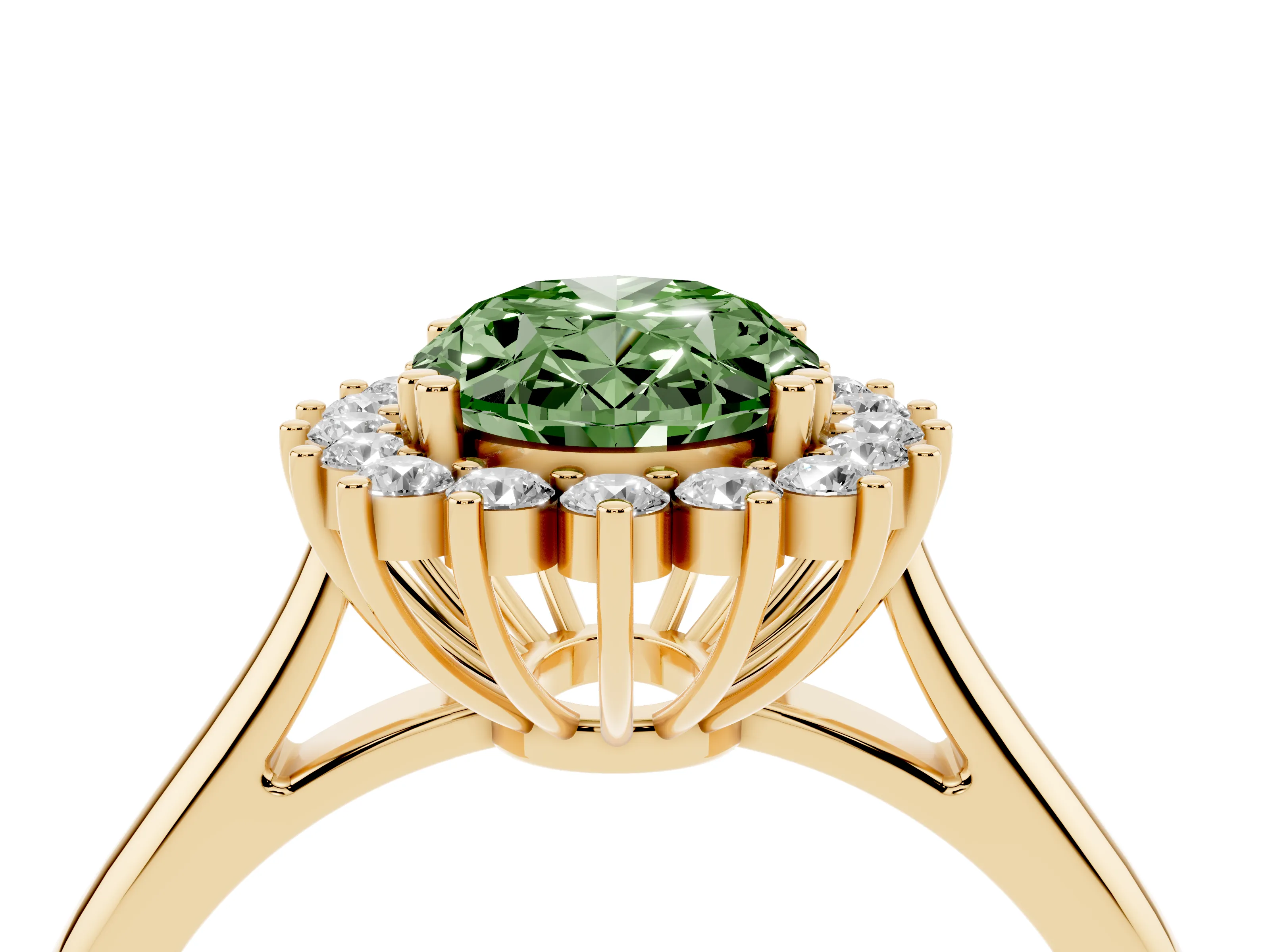 Fancy Green Oval Cut Diamond Halo Ring Set in Yellow gold with Plain Solitaire Band and Prong Setting