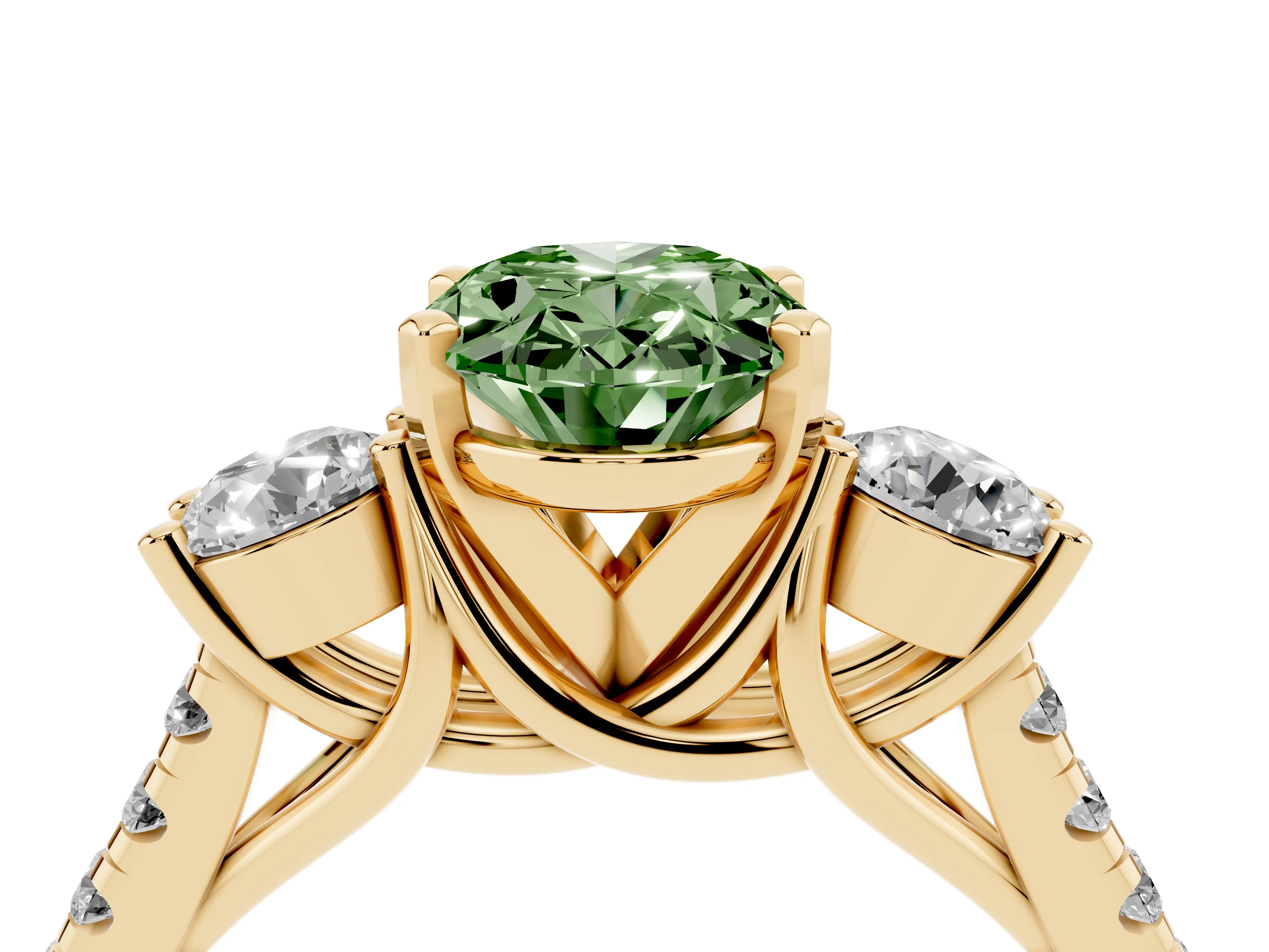 Fancy Green Three-Stone Oval Cut Diamond Pavé Band Ring Set in Yellow gold with Prong-Set Trio