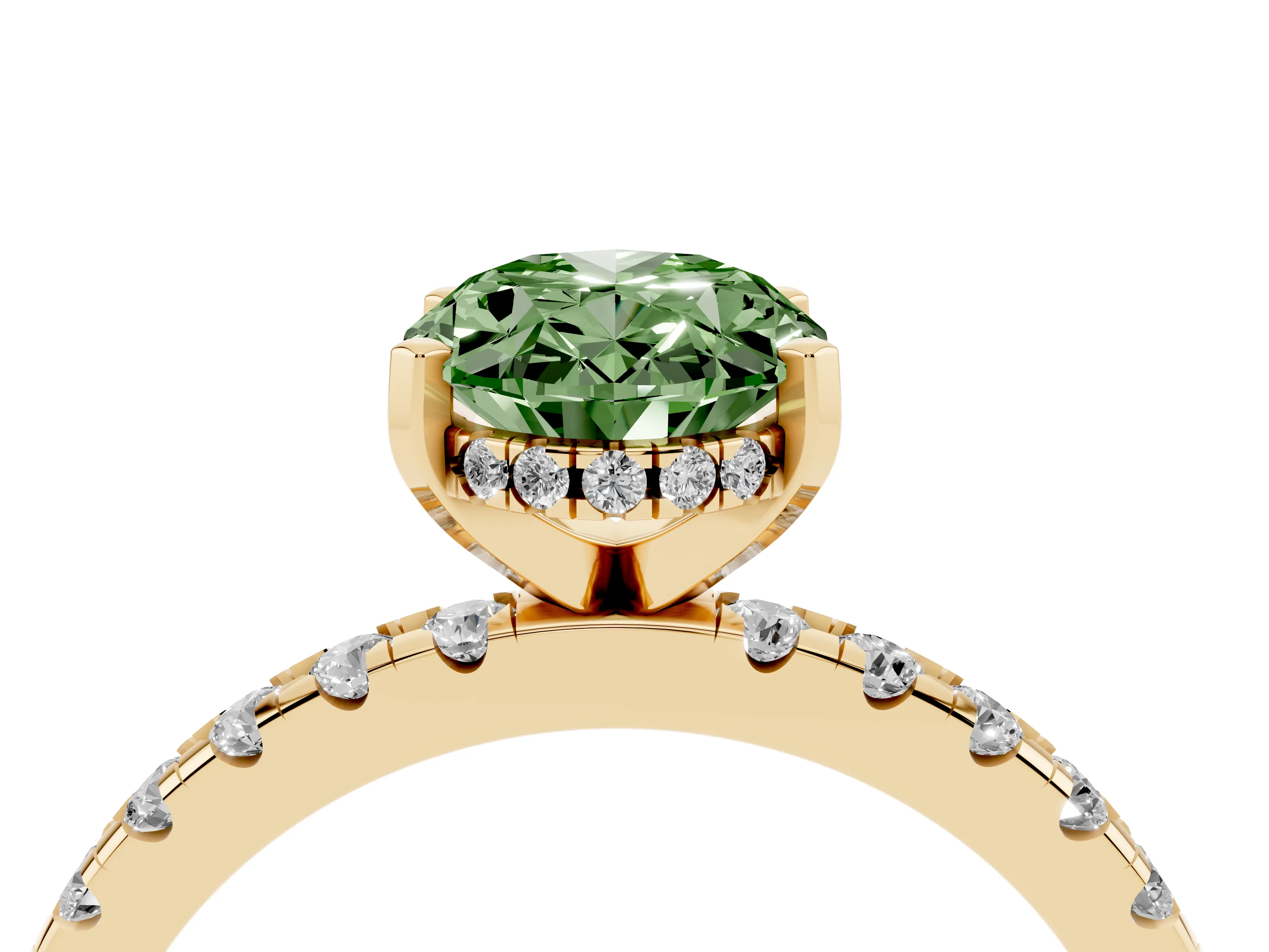 Fancy Green Oval Cut Diamond Pavé Solitaire Ring Set in Yellow gold with Round Band Accents and Prong Setting