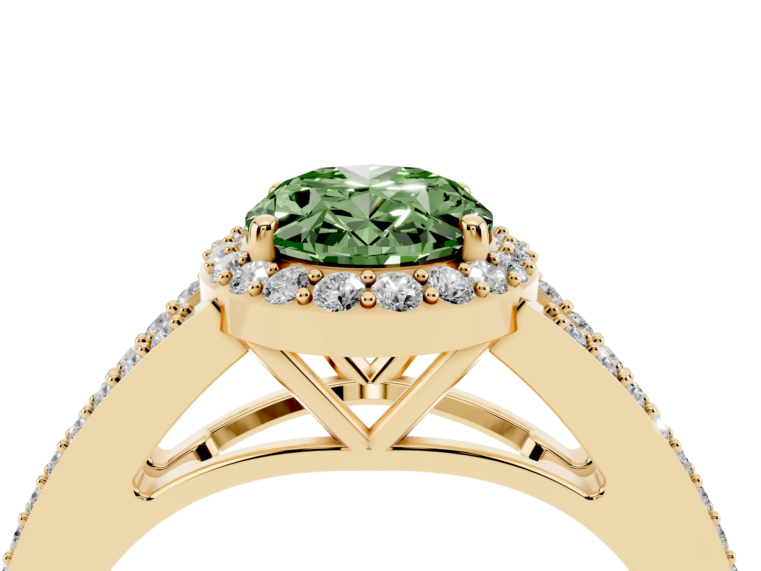 Fancy Green Oval Cut Diamond Halo Split Shank Ring Set in Yellow gold with Accent Stones and Prong Setting