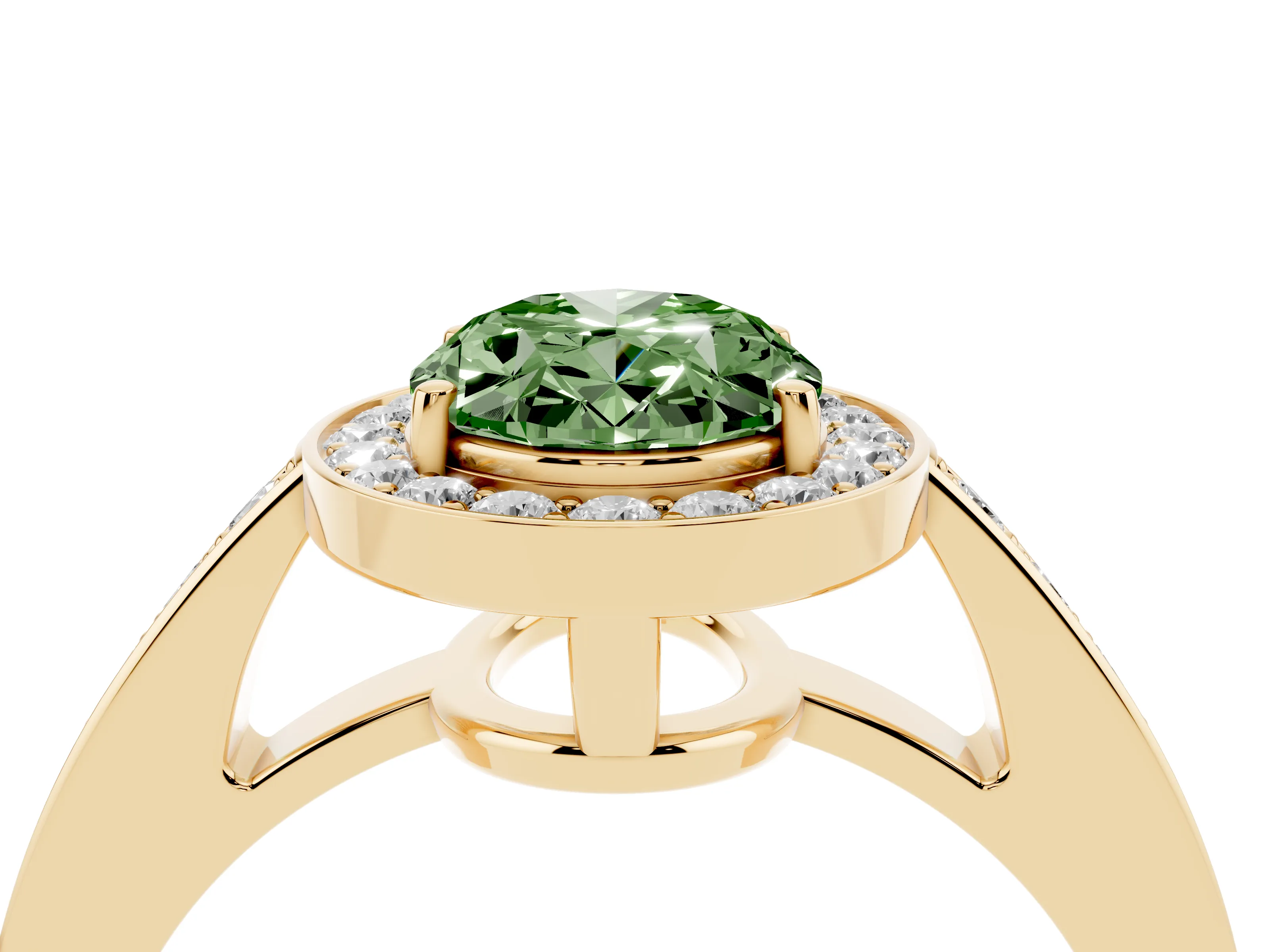 Fancy Green Oval Cut Diamond Halo Pavé Engagement Ring Set in Yellow gold with Bezel Setting