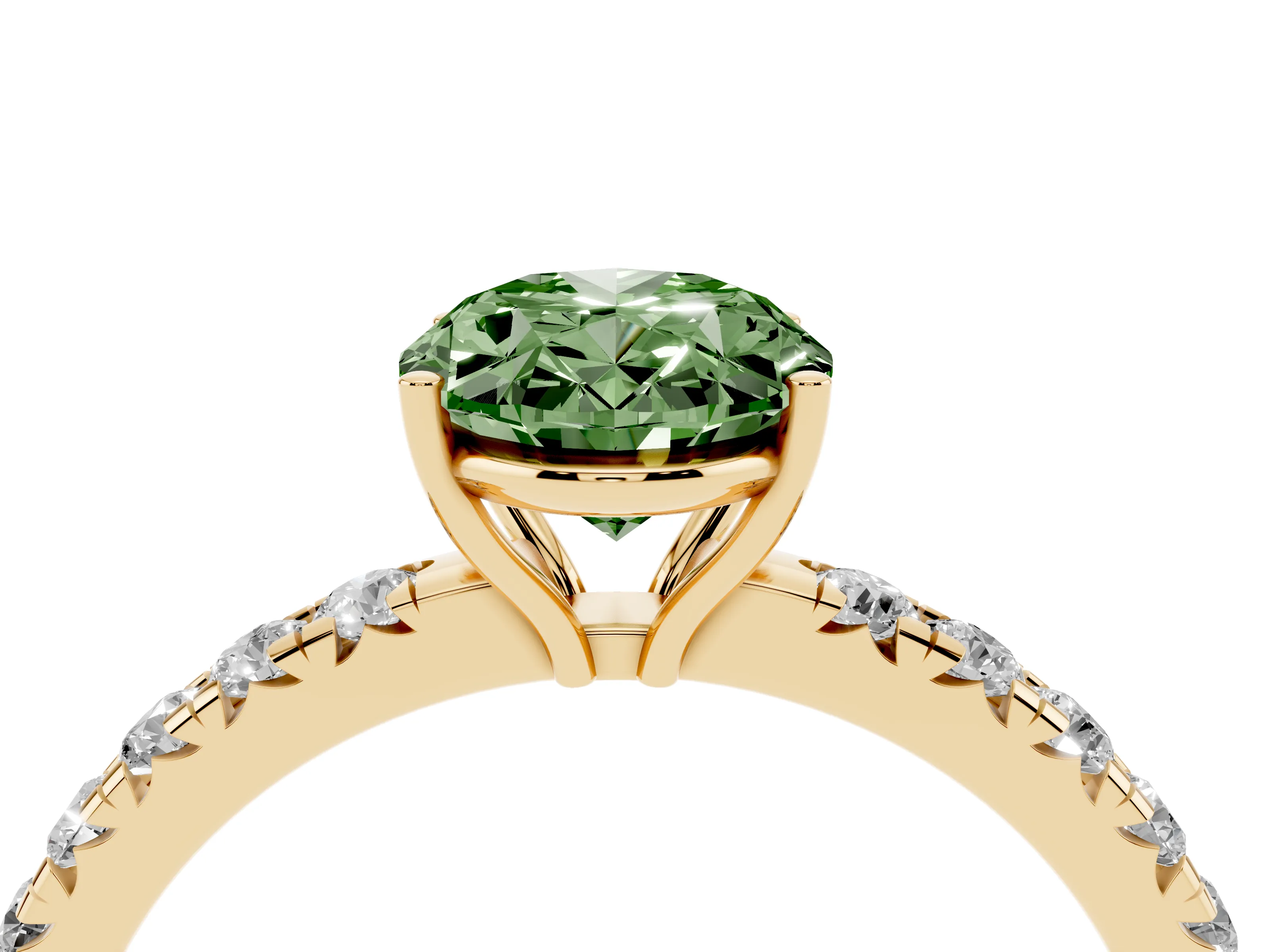 Fancy Green Oval Cut Diamond Pavé Solitaire Engagement Ring Set in Yellow gold with Prong Setting
