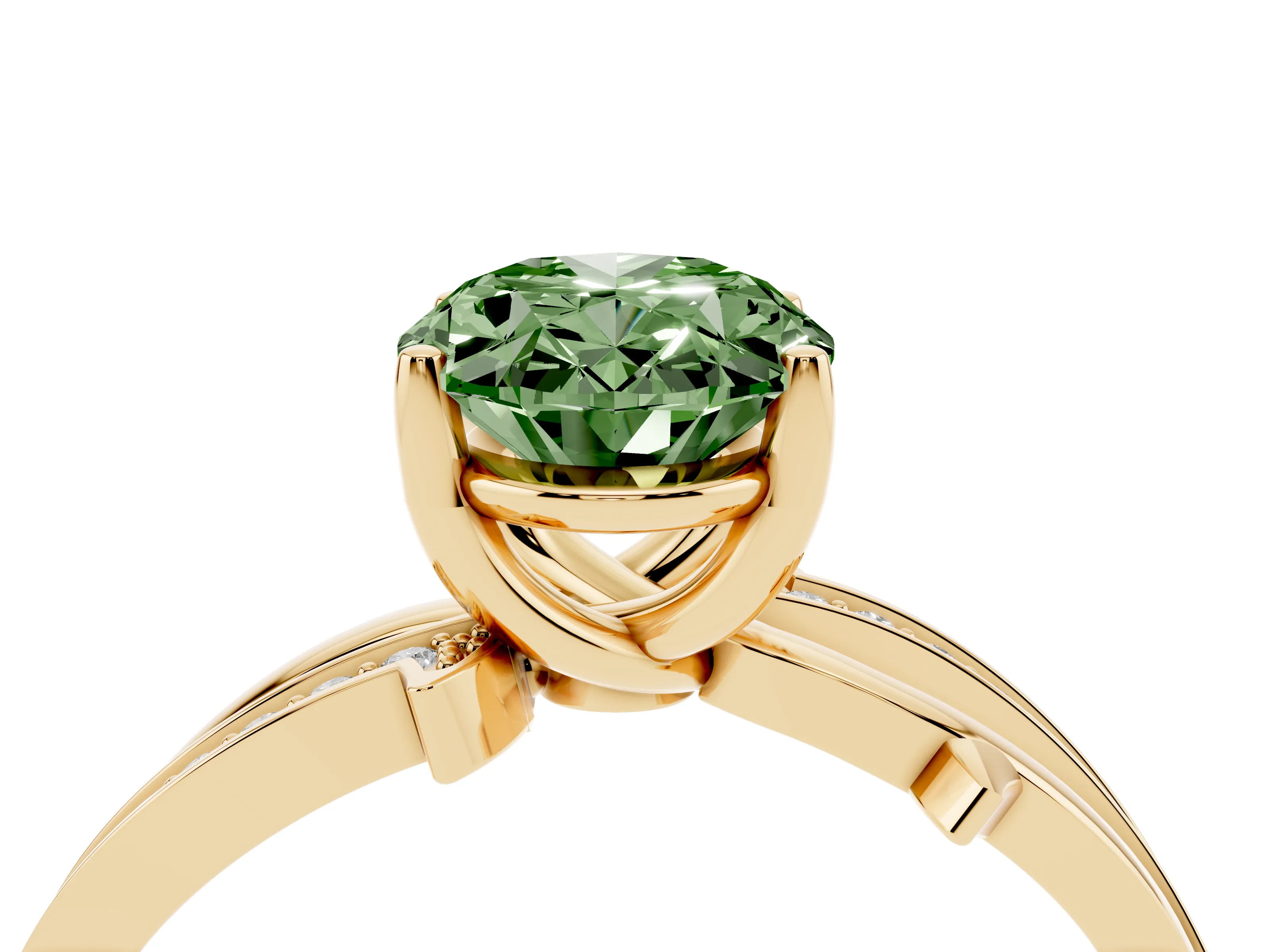 Fancy Green Oval Cut Diamond Pavé Twist Band Solitaire Ring Set in Yellow gold with Prong Setting