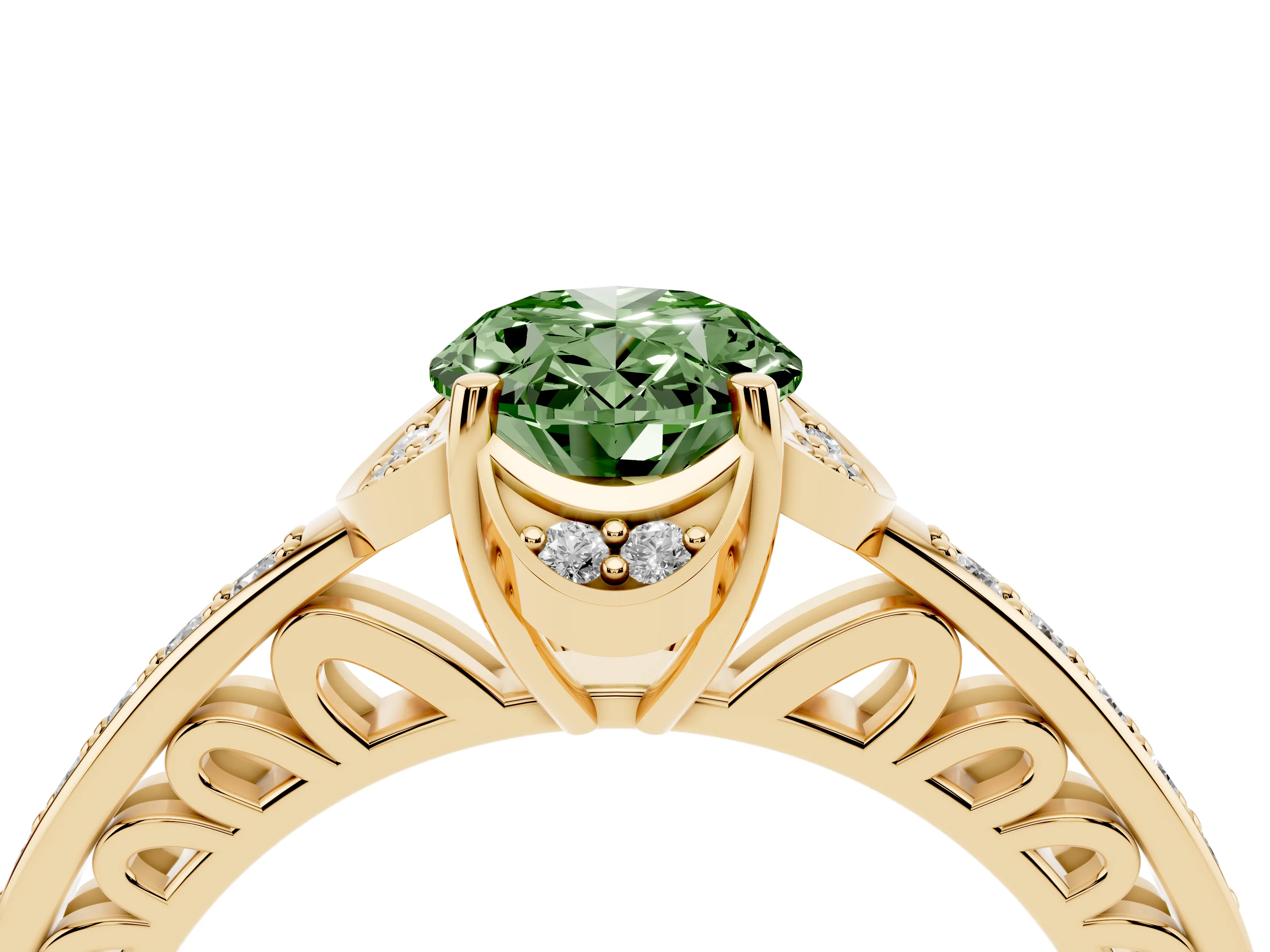 Fancy Green Oval Cut Diamond Halo Ring Set in Yellow gold with Channel Set Band and Prong Setting