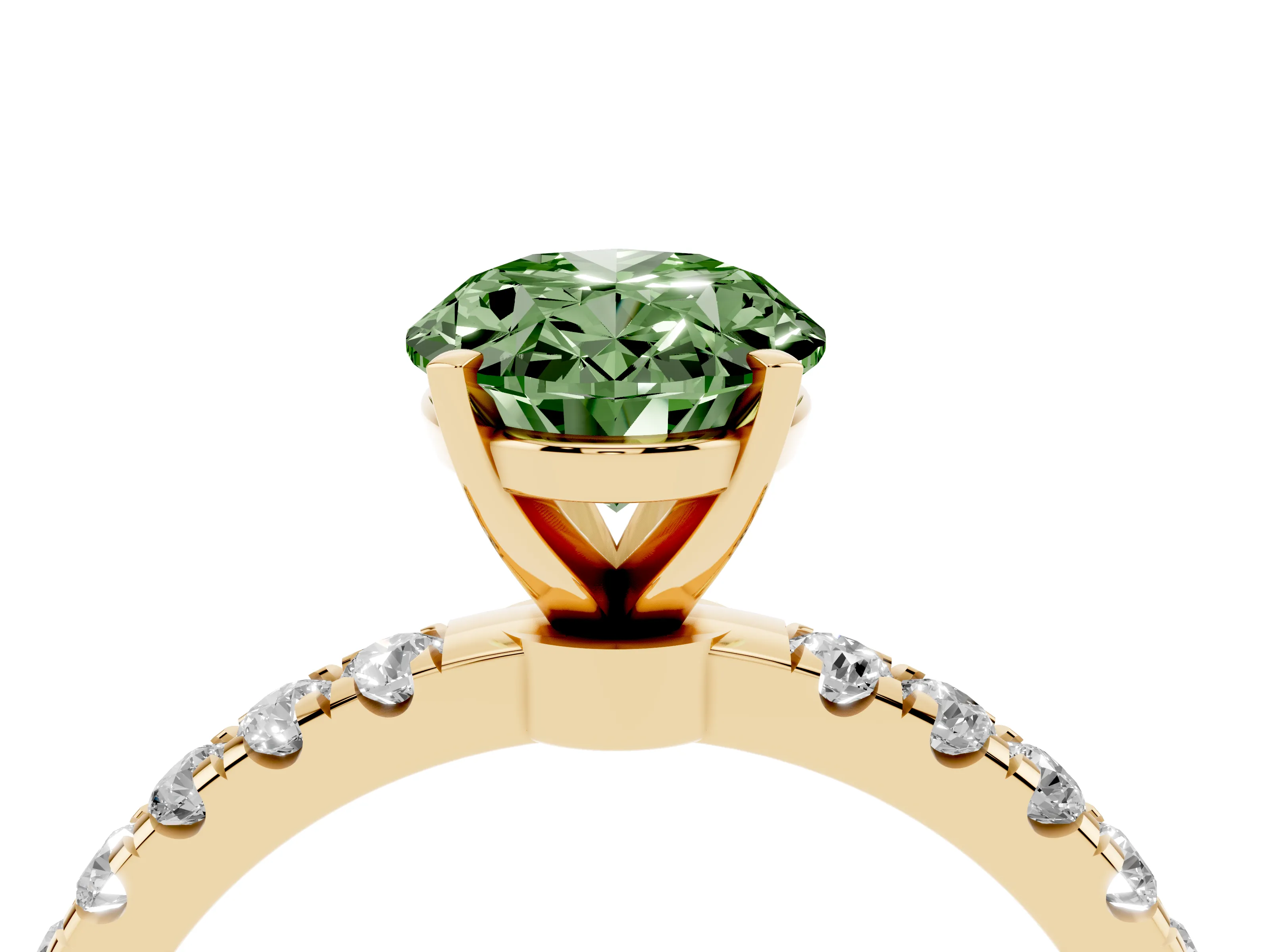Fancy Green Oval Cut Diamond Solitaire Ring Set in Yellow gold with Pavé Accents and Prong Setting