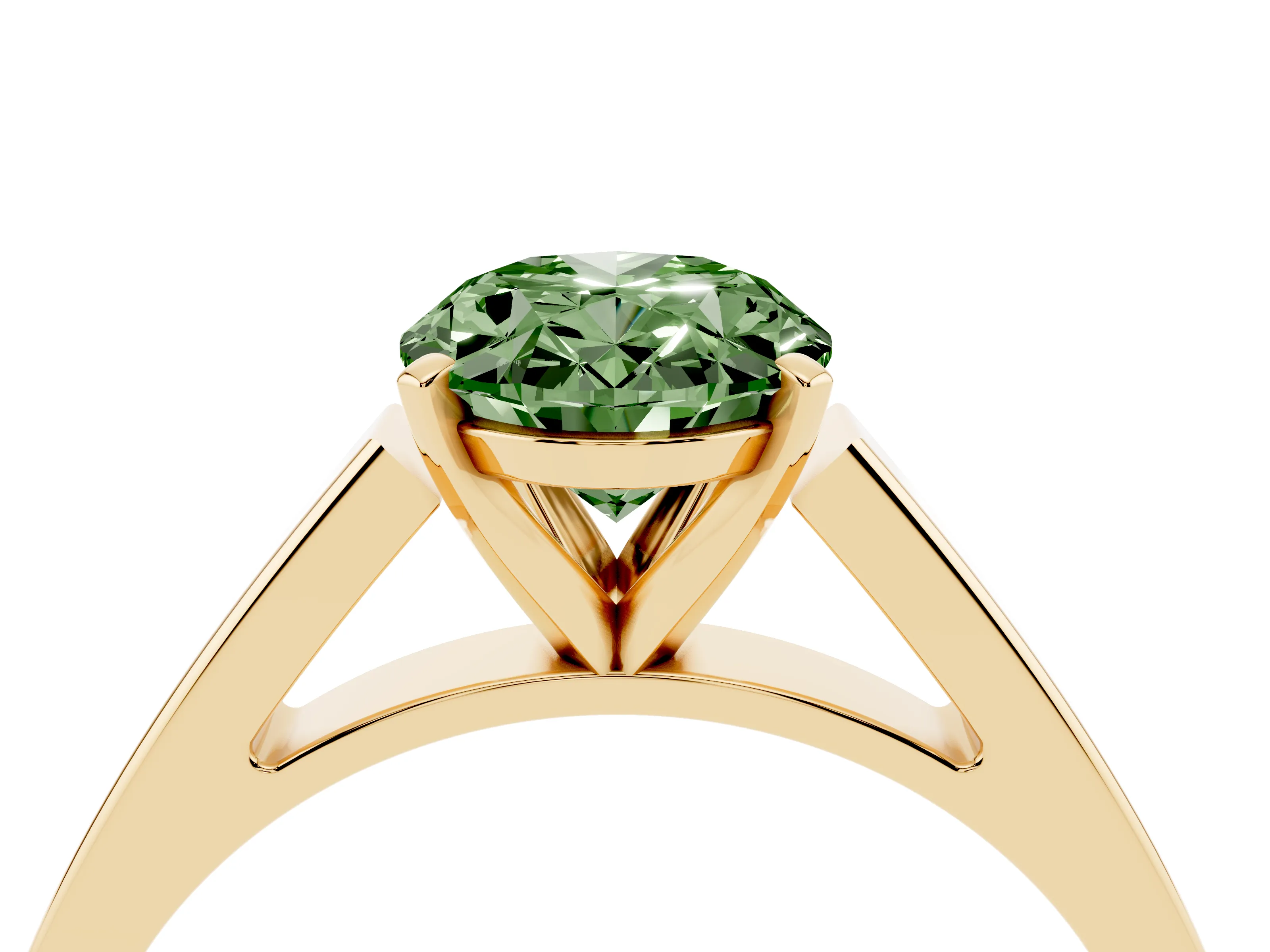 Fancy Green Oval Cut Diamond Solitaire Engagement Ring Set in Yellow gold with Prong Setting and Tapered Band