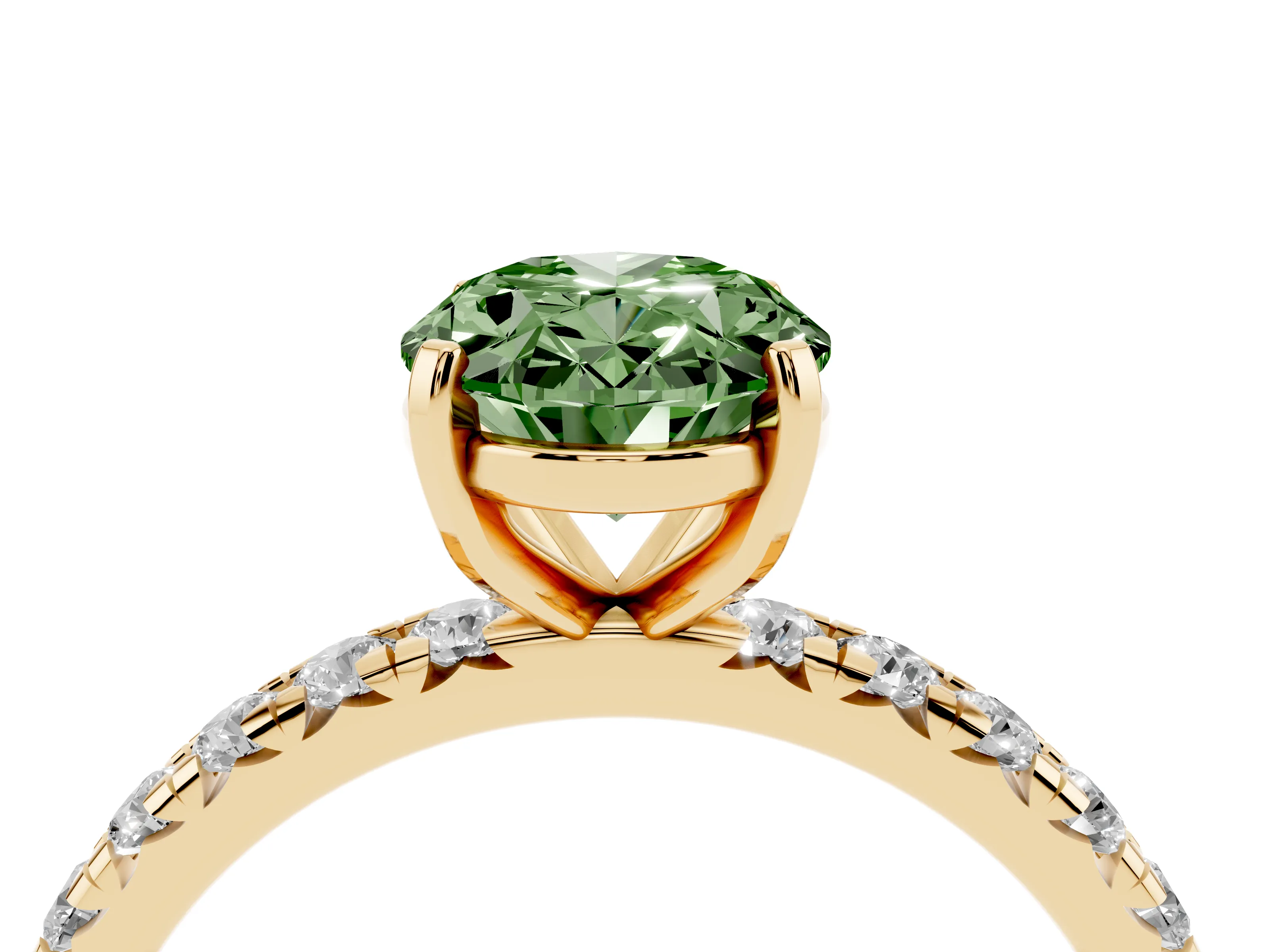 Fancy Green Oval Cut Diamond Pavé Solitaire Ring Set in Yellow gold with Round Band and Prong Setting