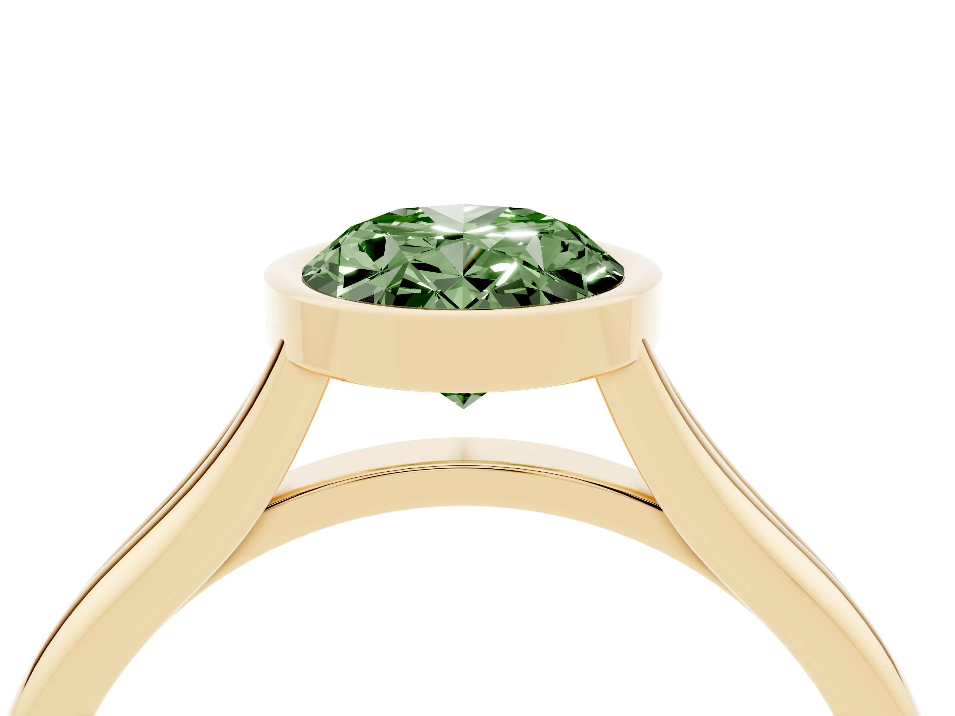 Fancy Green Bezel Set Oval Cut Diamond Solitaire Ring Set in Yellow gold with Tapered Band