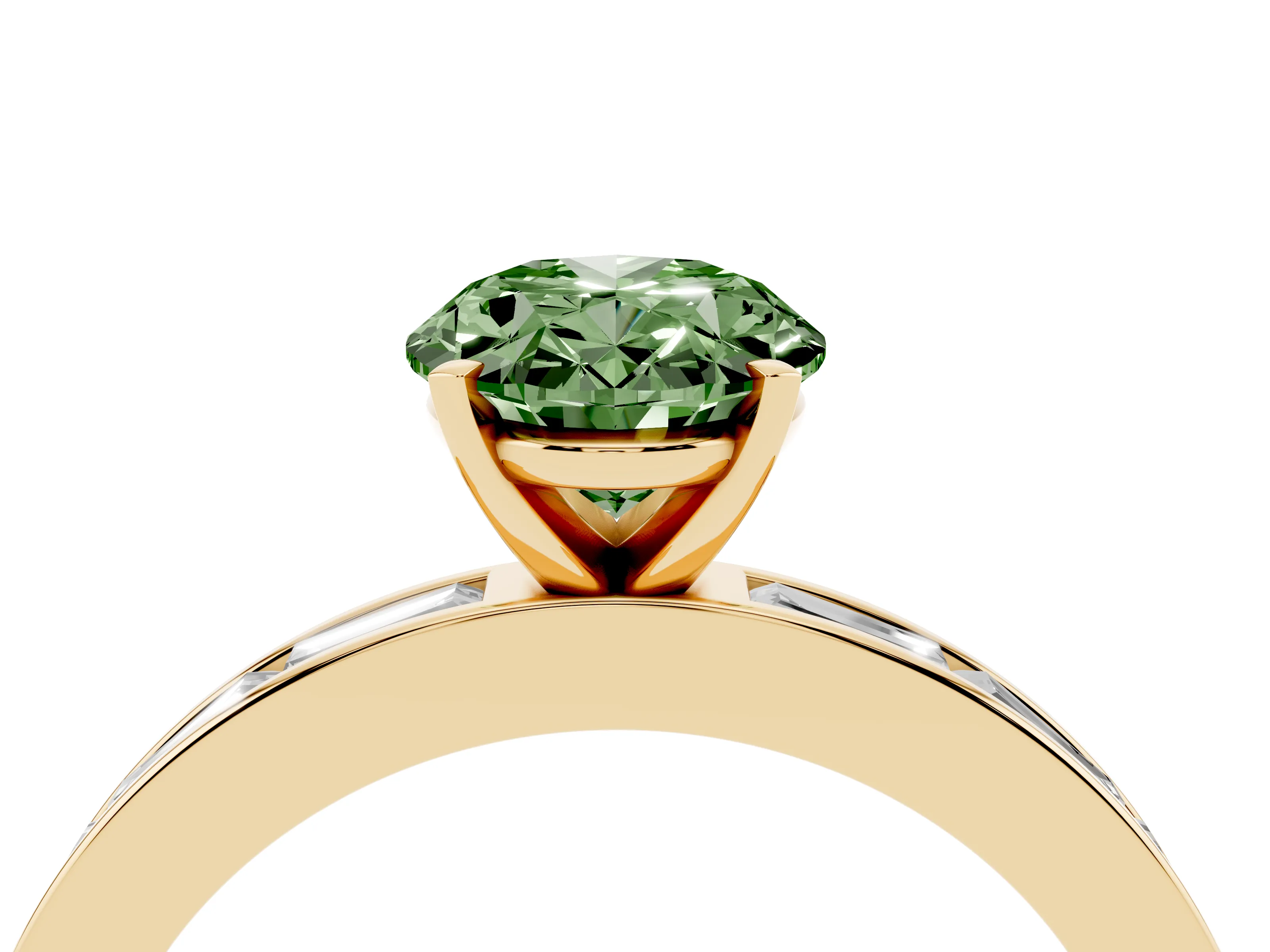 Fancy Green Oval Cut Diamond Solitaire Ring Set in Yellow gold with Channel-Set Baguette Band and Prong Setting