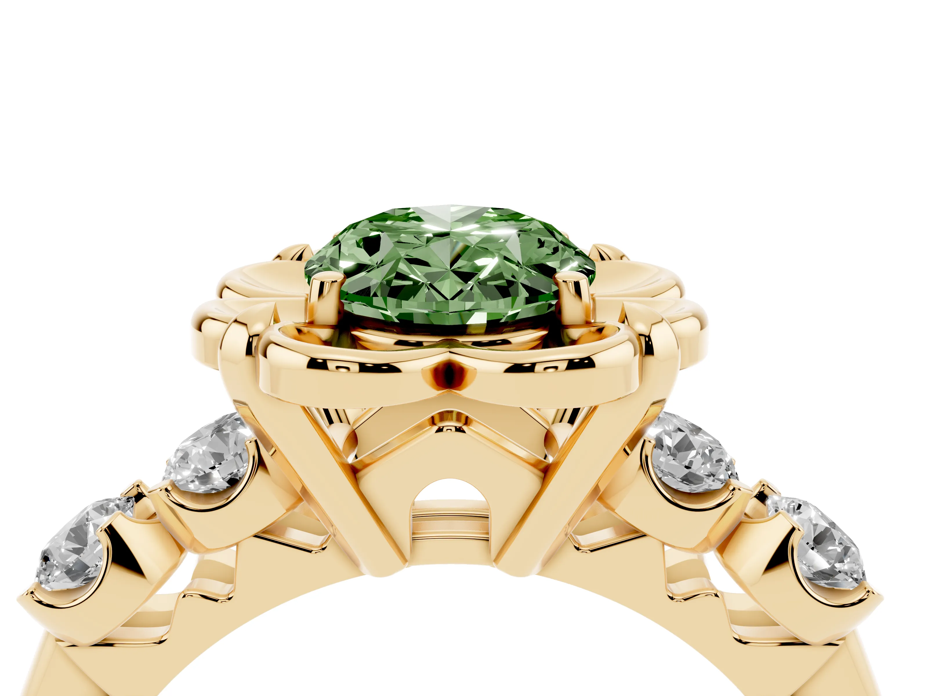 Fancy Green Oval Cut Diamond Floral Halo Ring Set in Yellow gold with Shared Prong Band