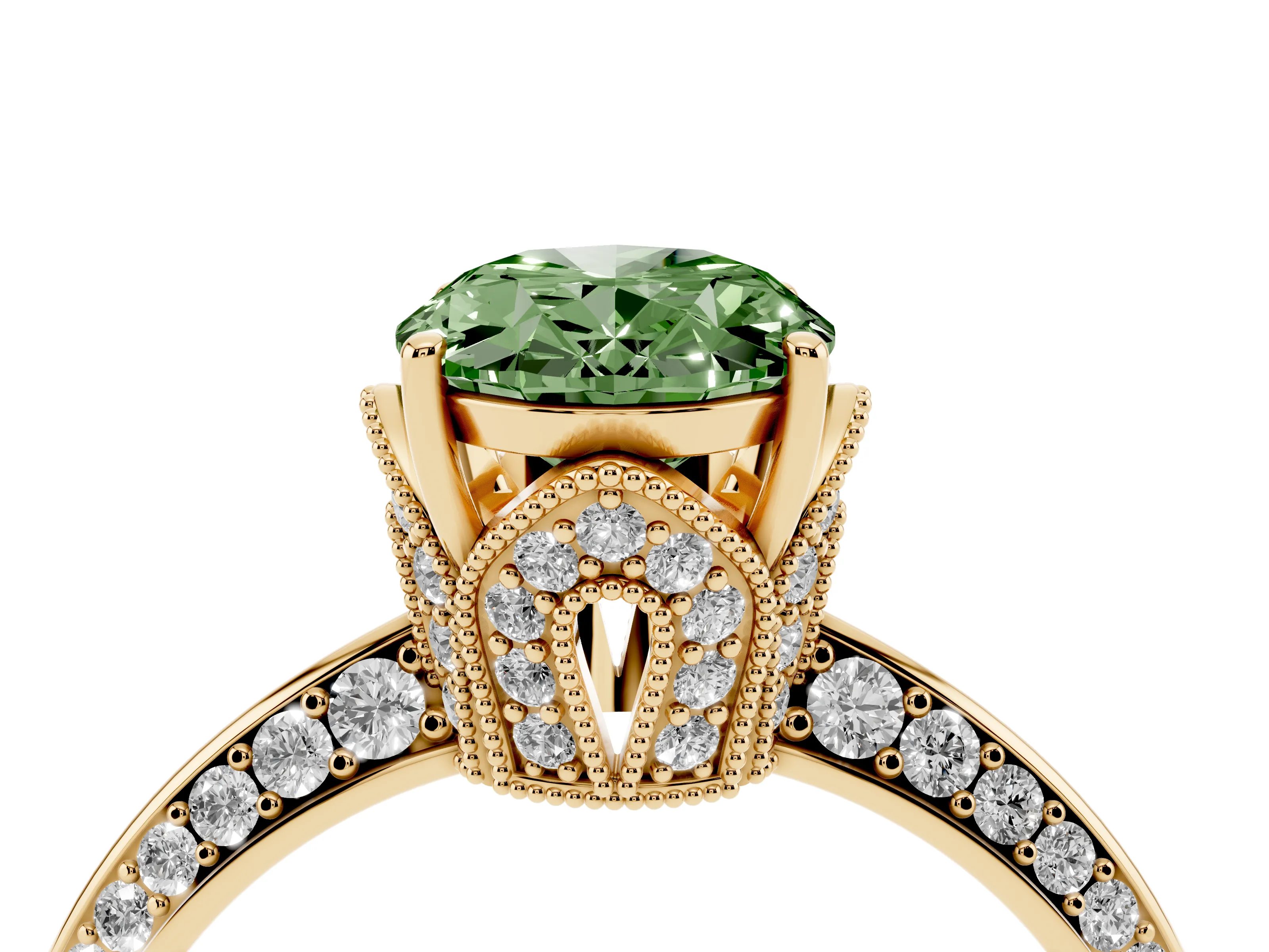 Fancy Green Oval Cut Diamond Solitaire Engagement Ring Set in Yellow gold with Pavé Split Shank and Prong Setting