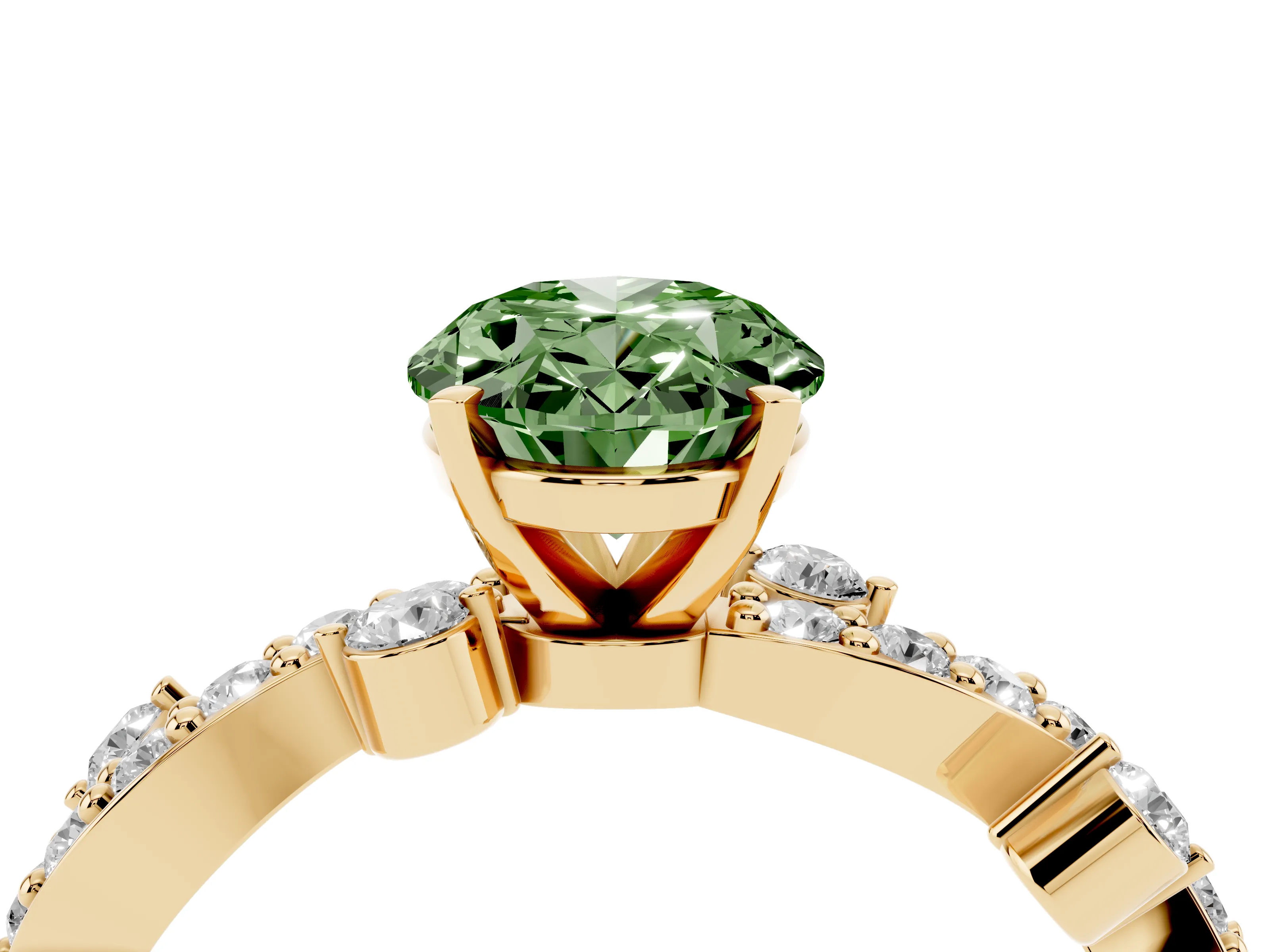 Fancy Green Oval Cut Diamond Solitaire Twisted Band Set in Yellow gold with Pavé Setting