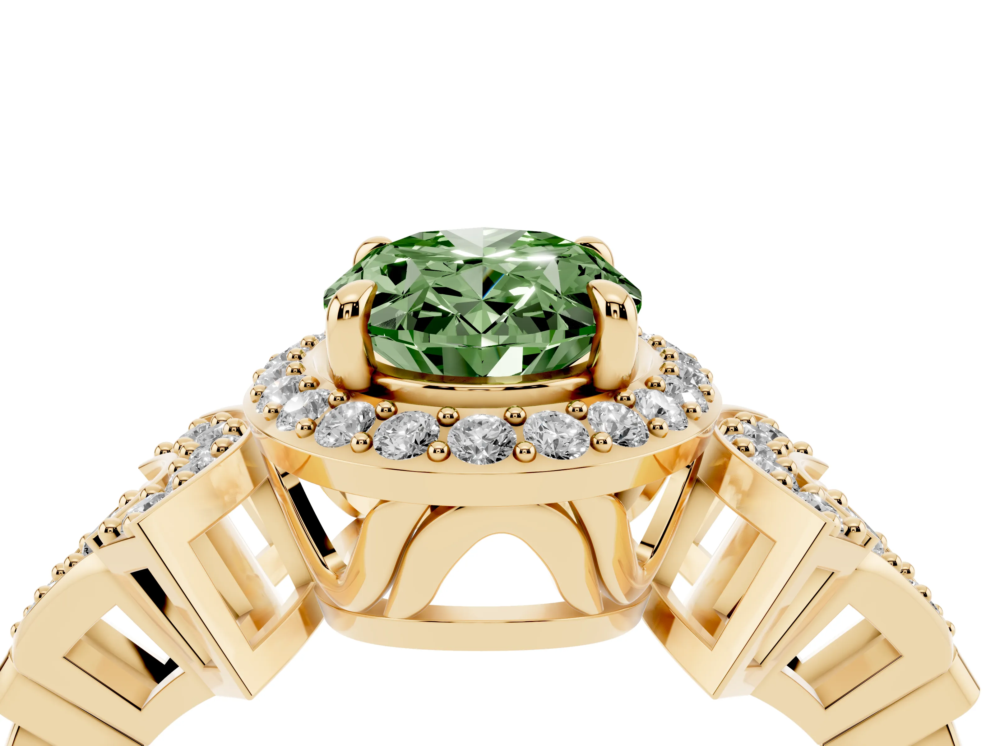 Fancy Green Oval Cut Diamond Halo Engagement Ring Set in Yellow gold with Accent Stone Split Shank