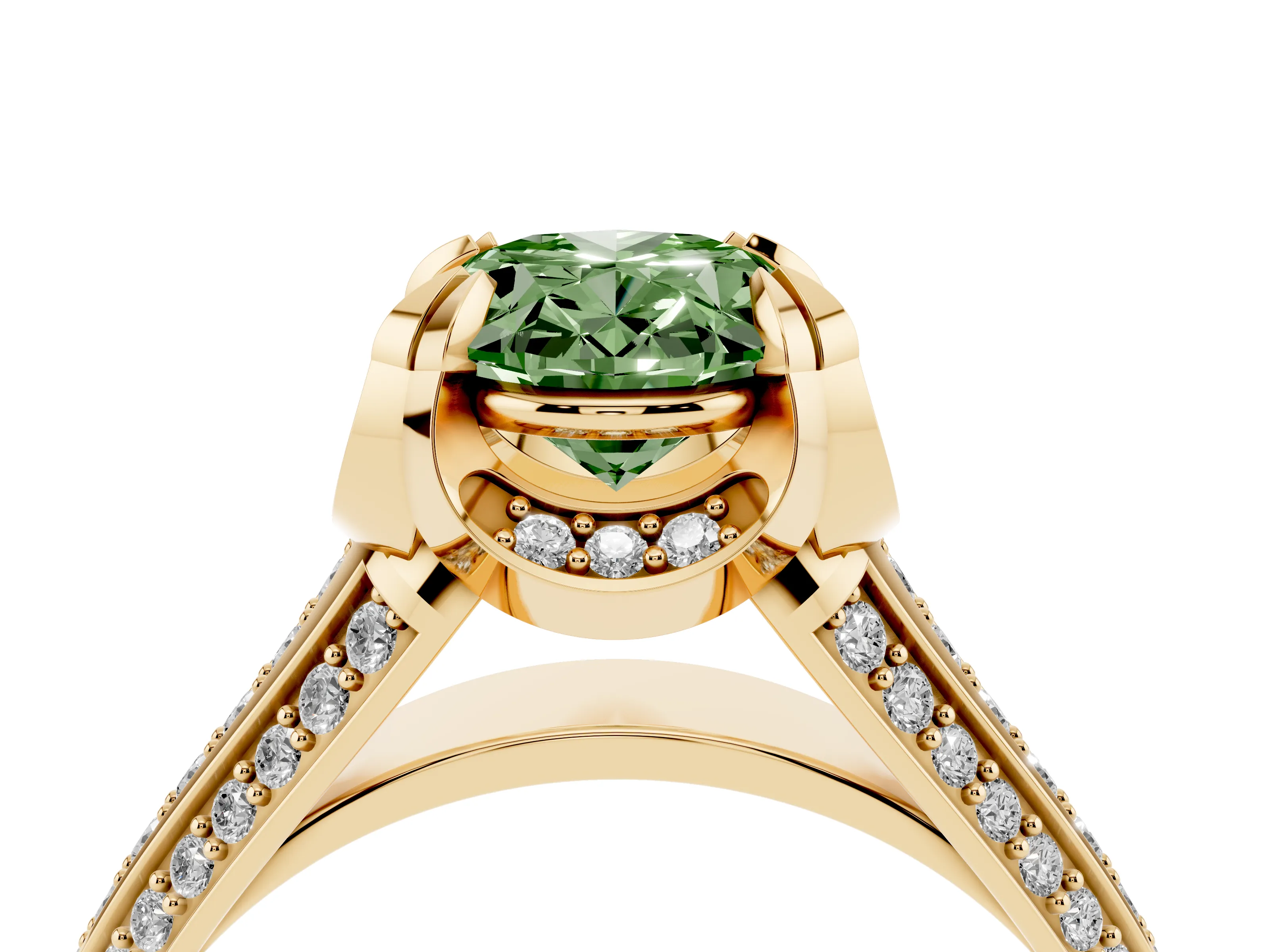 Fancy Green Oval Cut Diamond Pavé Split Shank Solitaire Ring Set in Yellow gold with Prong Setting
