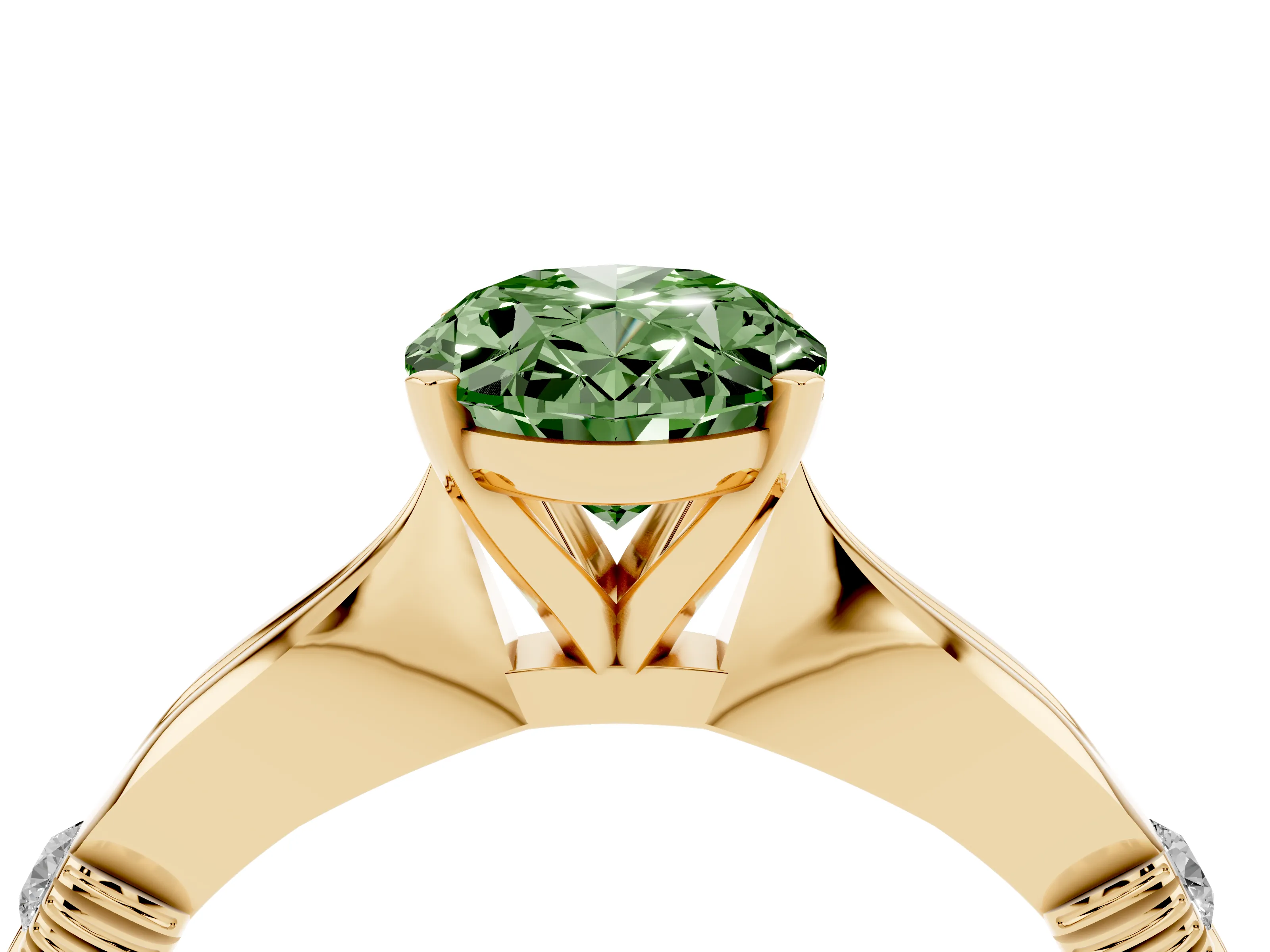 Fancy Green Oval Cut Diamond Solitaire Twisted Band Ring Set in Yellow gold with Accent Stones and Prong Setting